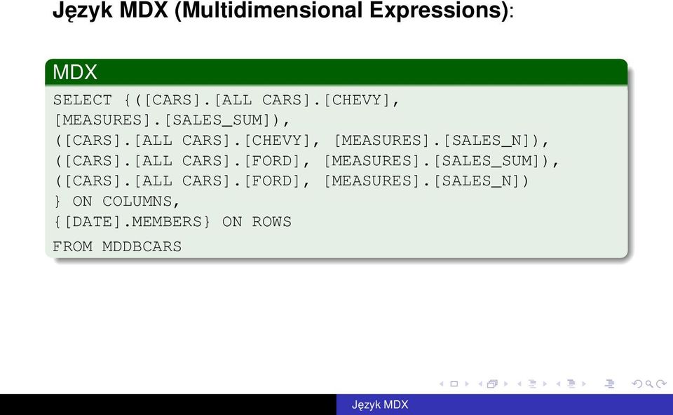 [ALL CARS].[FORD], [MEASURES].[SALES_SUM]), ([CARS].[ALL CARS].[FORD], [MEASURES].[SALES_N]) } ON COLUMNS, {[DATE].