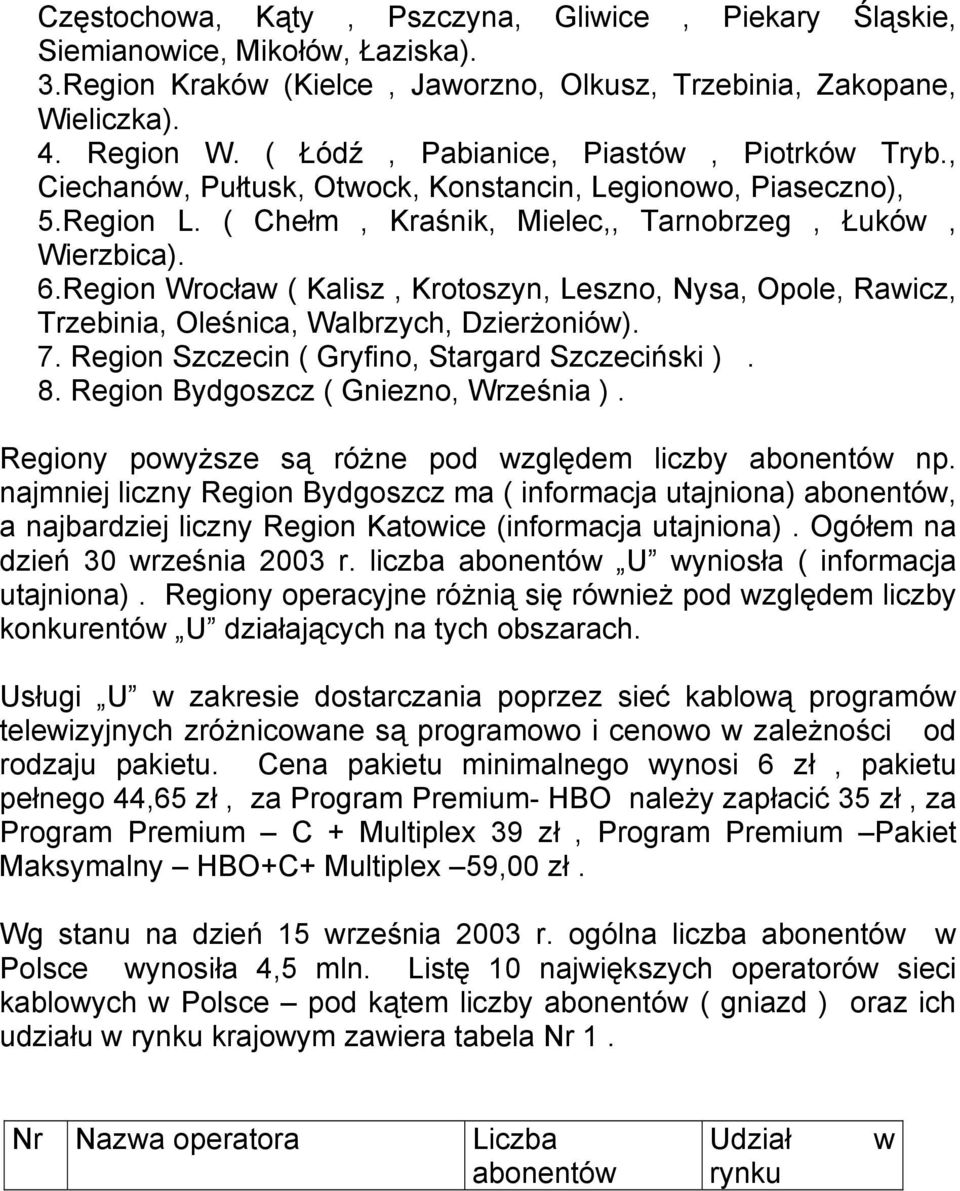 Region Wrocław ( Kalisz, Krotoszyn, Leszno, Nysa, Opole, Rawicz, Trzebinia, Oleśnica, Walbrzych, Dzierżoniów). 7. Region Szczecin ( Gryfino, Stargard Szczeciński ). 8.