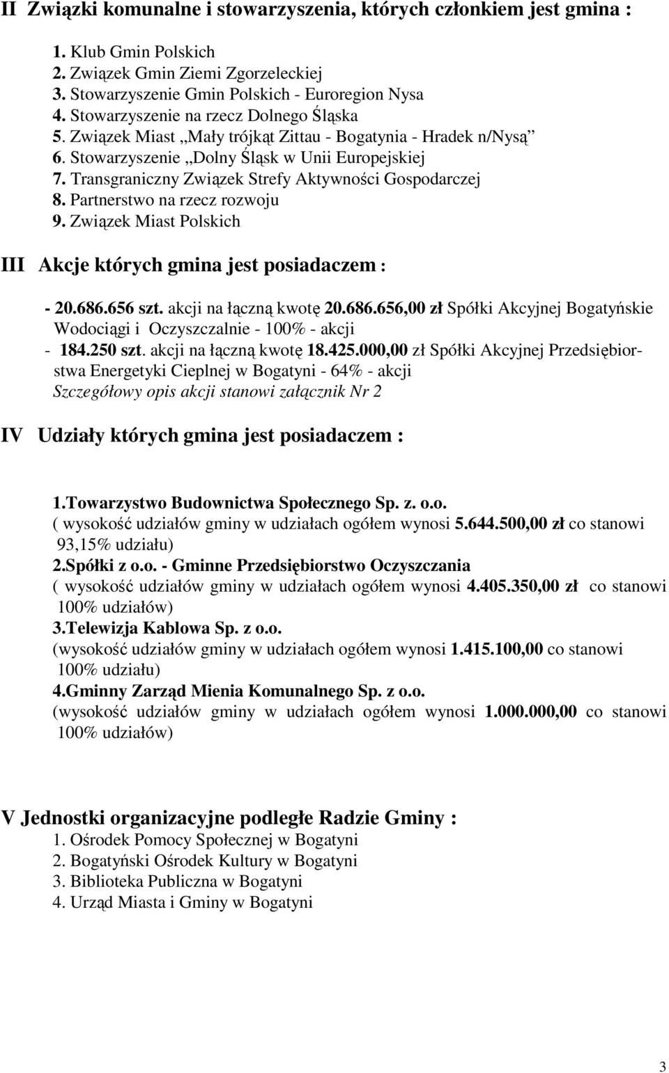 Transgraniczny Związek Strefy Aktywności Gospodarczej 8. Partnerstwo na rzecz rozwoju 9. Związek Miast Polskich III Akcje których gmina jest posiadaczem : - 20.686.656 szt. akcji na łączną kwotę 20.