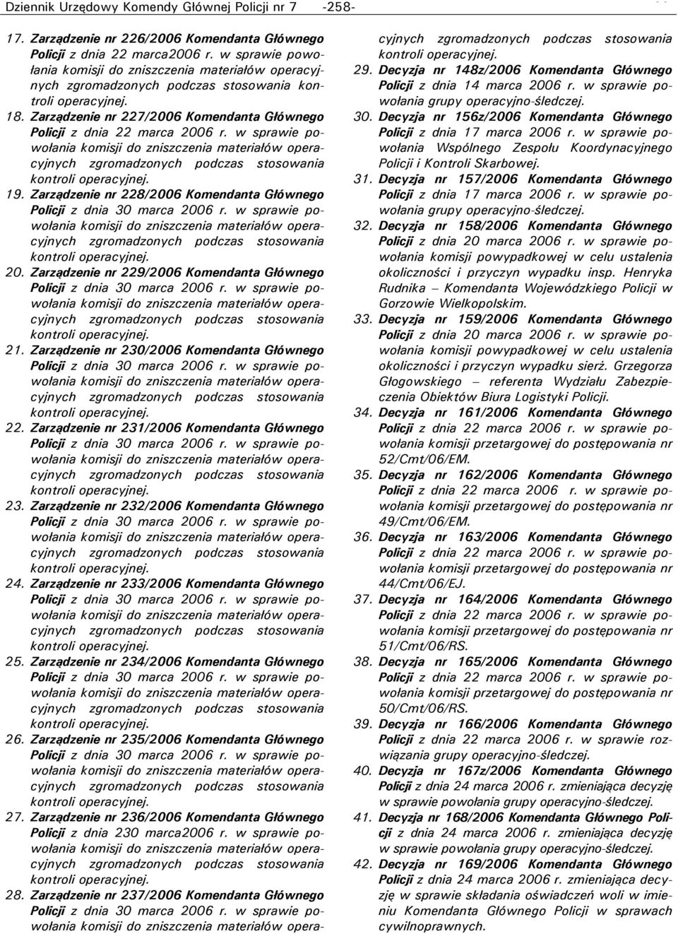 Zarządzenie nr 231/2006 Komendanta Głównego 23. Zarządzenie nr 232/2006 Komendanta Głównego 24. Zarządzenie nr 233/2006 Komendanta Głównego 25. Zarządzenie nr 234/2006 Komendanta Głównego 26.