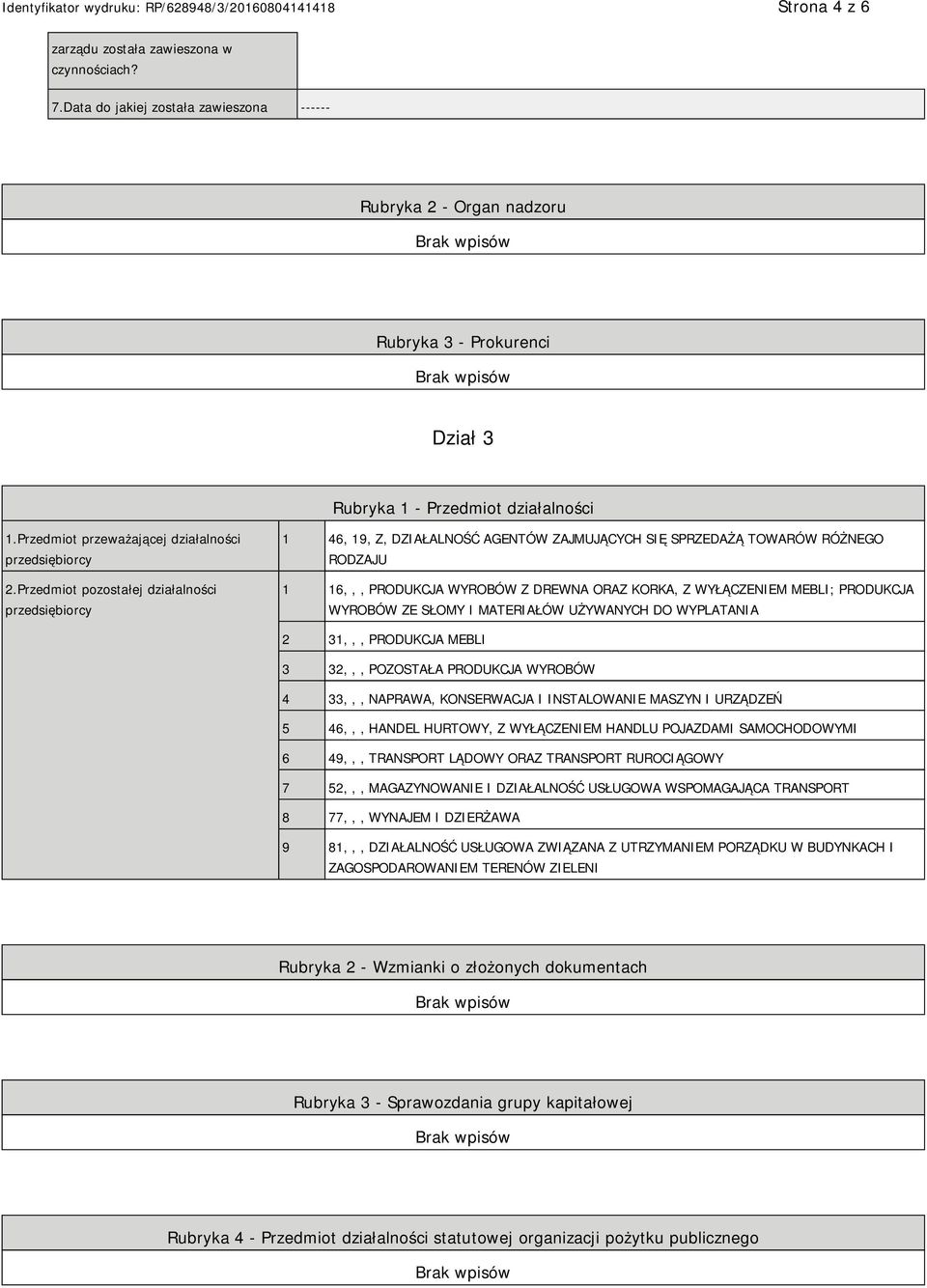 Przedmiot pozostałej działalności przedsiębiorcy 1 46, 19, Z, DZIAŁALNOŚĆ AGENTÓW ZAJMUJĄCYCH SIĘ SPRZEDAŻĄ TOWARÓW RÓŻNEGO RODZAJU 1 16,,, PRODUKCJA WYROBÓW Z DREWNA ORAZ KORKA, Z WYŁĄCZEM MEBLI;