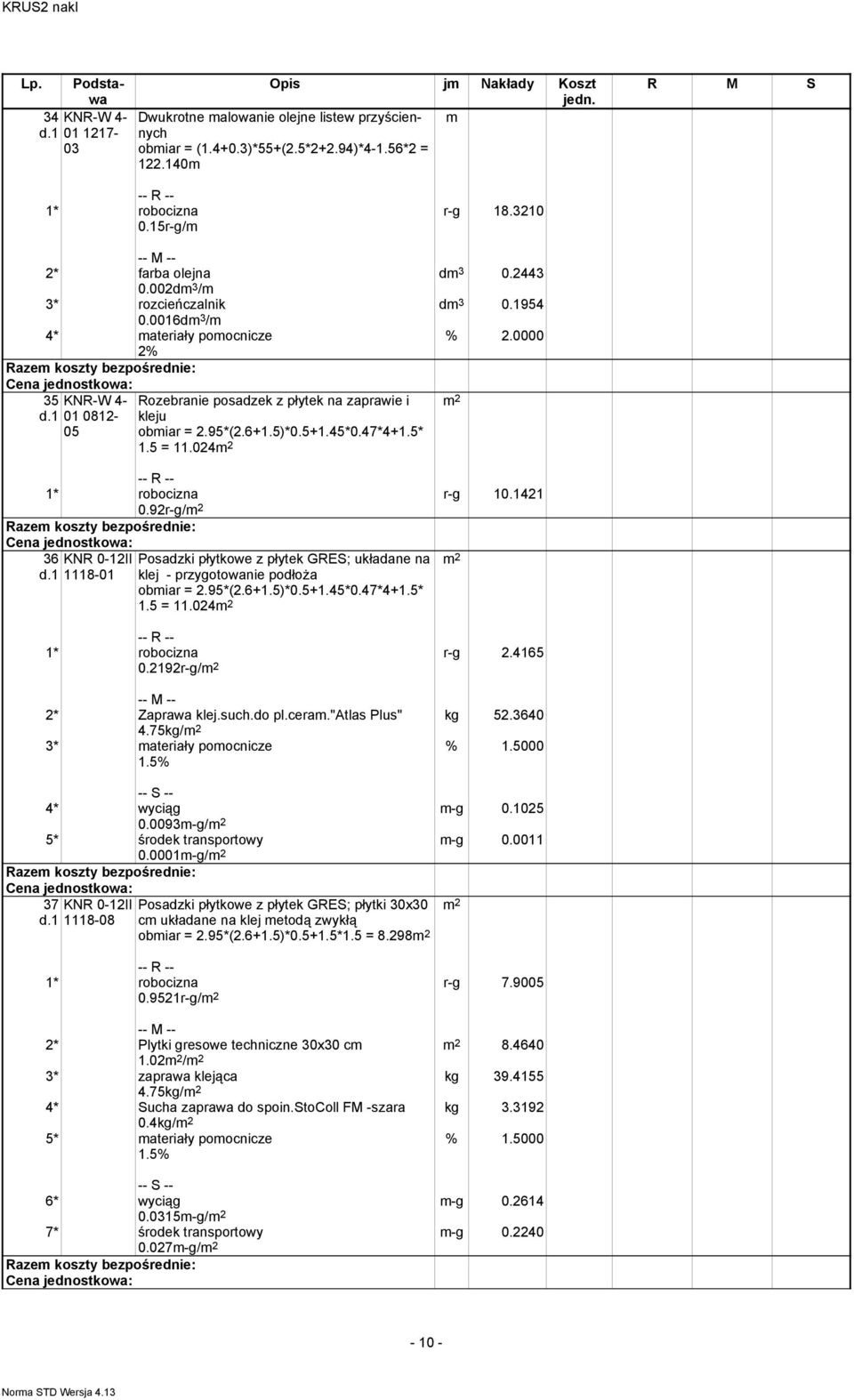 92r-g/ 36 KNR 0-12II 1118- Posadzki płytkowe z płytek GRES; układane na klej - przygotowanie podłoŝa obmiar = 2.95*(2.6+1.5)*0.5+1.45*0.47*4+1.5* 1.5 = 11.024 0.2192r-g/ r-g 2.4165 kg 52.