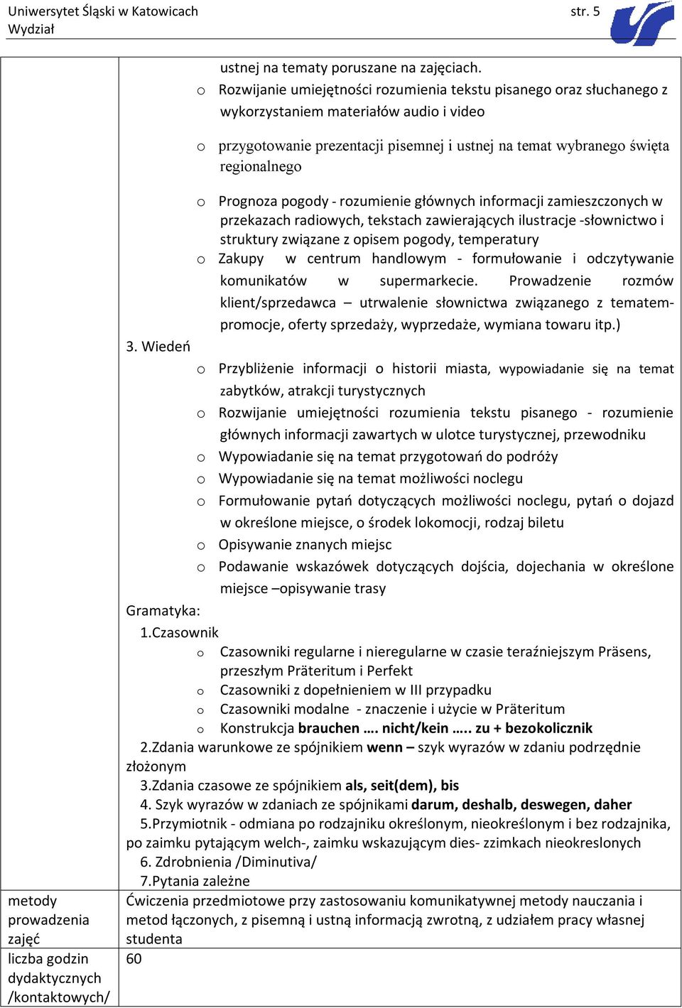 metody prowadzenia zajęć liczba godzin dydaktycznych /kontaktowych/ o Prognoza pogody - rozumienie głównych informacji zamieszczonych w przekazach radiowych, tekstach zawierających ilustracje