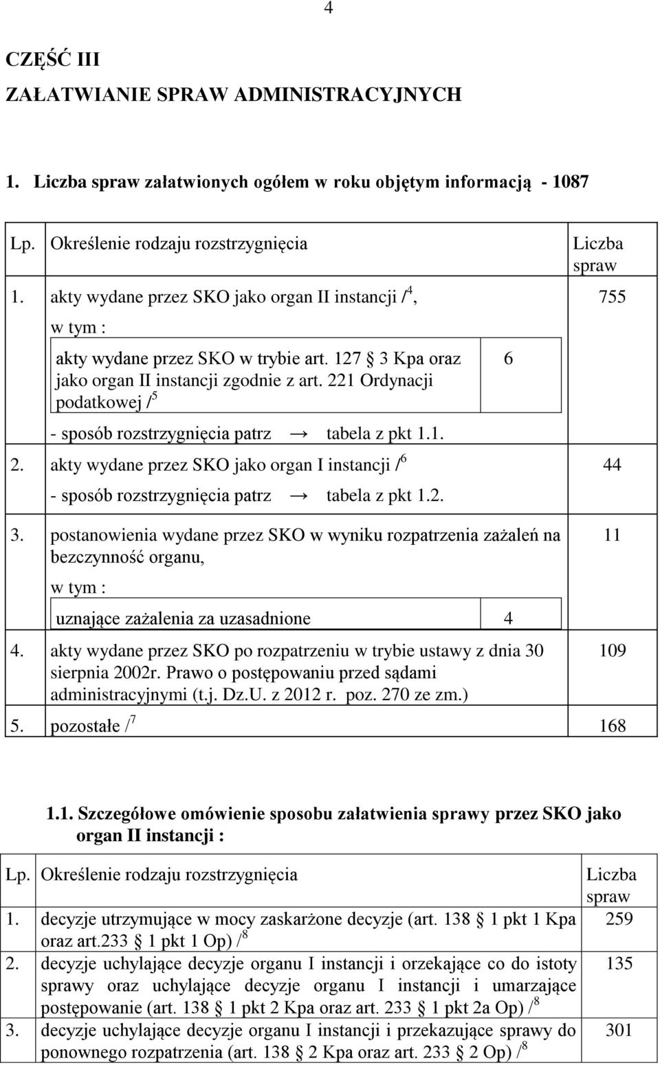 1 Ordynacji podatkowej / 5 - sposób rozstrzygnięcia patrz tabela z pkt 1.1.. akty wydane przez SKO jako organ I instancji / 6 - sposób rozstrzygnięcia patrz tabela z pkt 1.. 6 755 44 3.