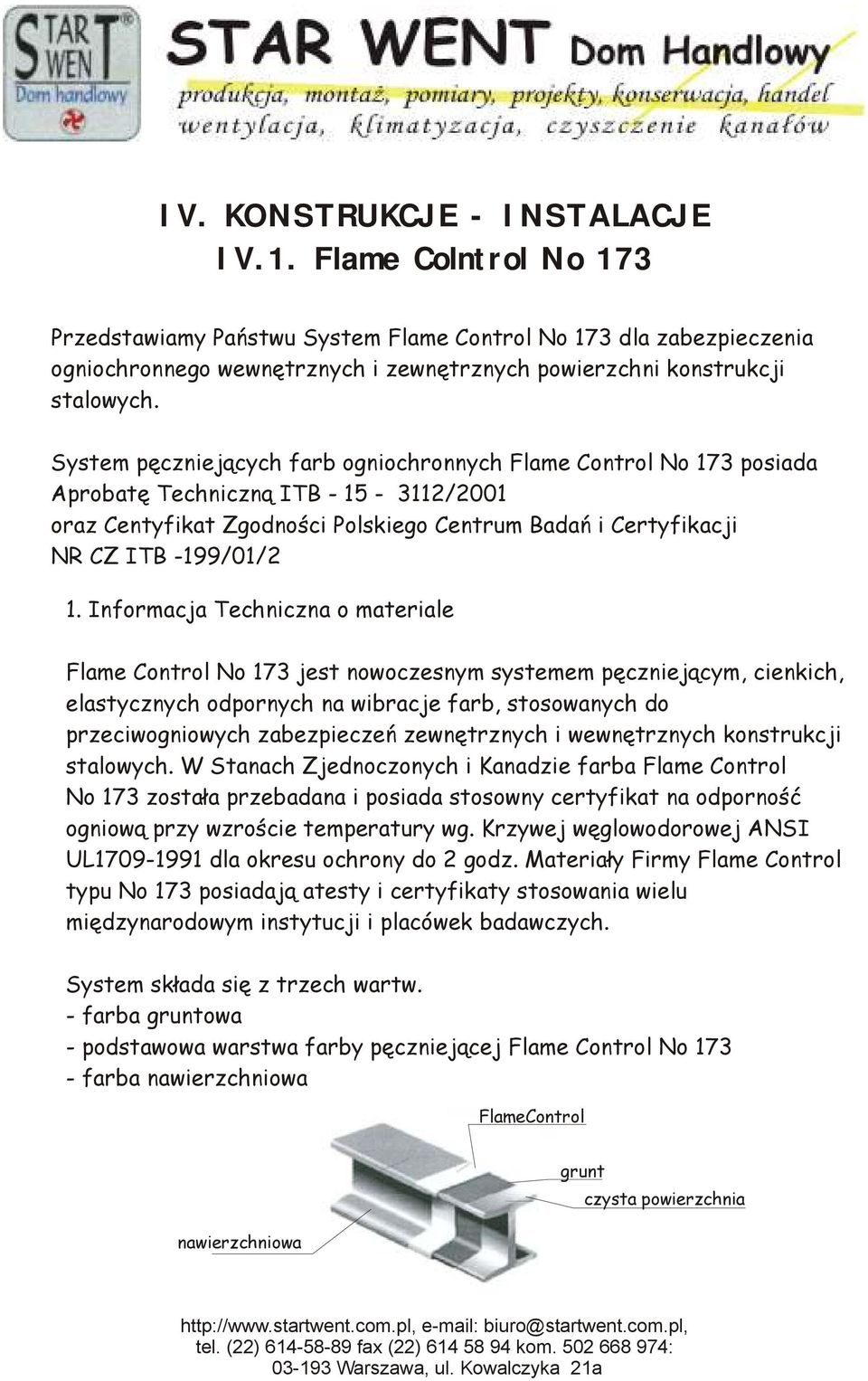 System pęczniejących farb ogniochronnych Flame Control No 173 posiada Aprobatę Techniczną ITB - 15-3112/1 oraz Centyfikat Zgodności Polskiego Centrum Badań i Certyfikacji NR CZ ITB -199/01/2 1.
