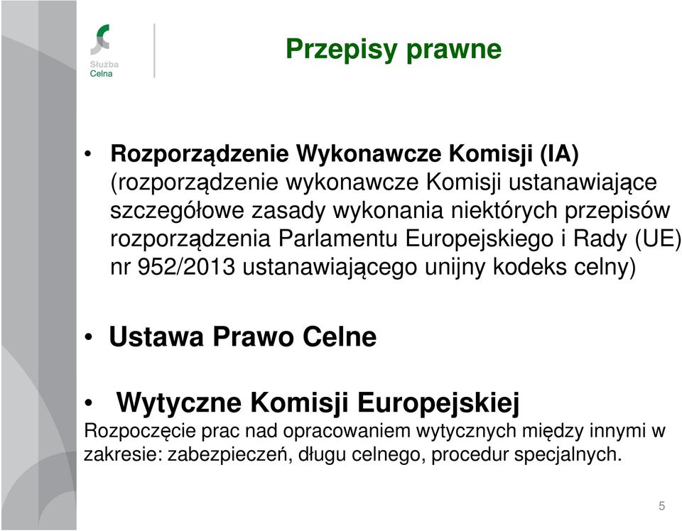 952/2013 ustanawiającego unijny kodeks celny) Ustawa Prawo Celne Wytyczne Komisji Europejskiej Rozpoczęcie