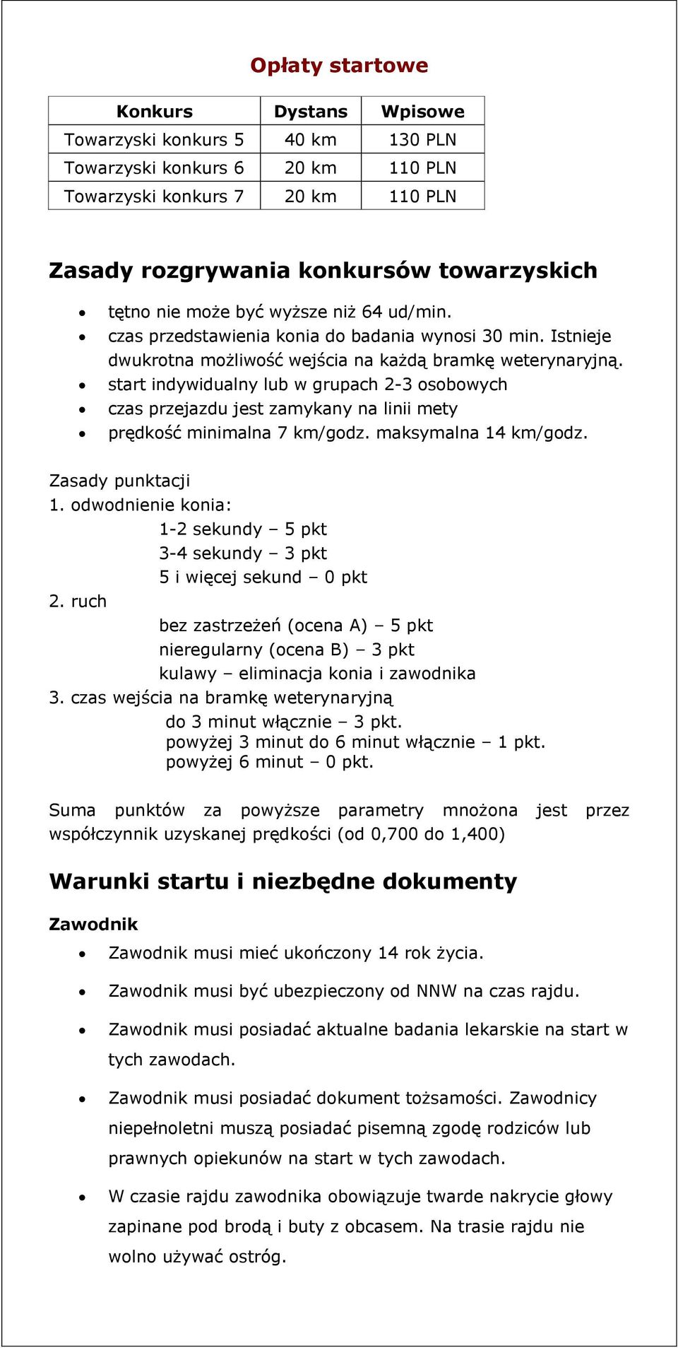 start indywidualny lub w grupach 2-3 osobowych czas przejazdu jest zamykany na linii mety prędkość minimalna 7 km/godz. maksymalna 14 km/godz. Zasady punktacji 1. odwodnienie konia: 2.