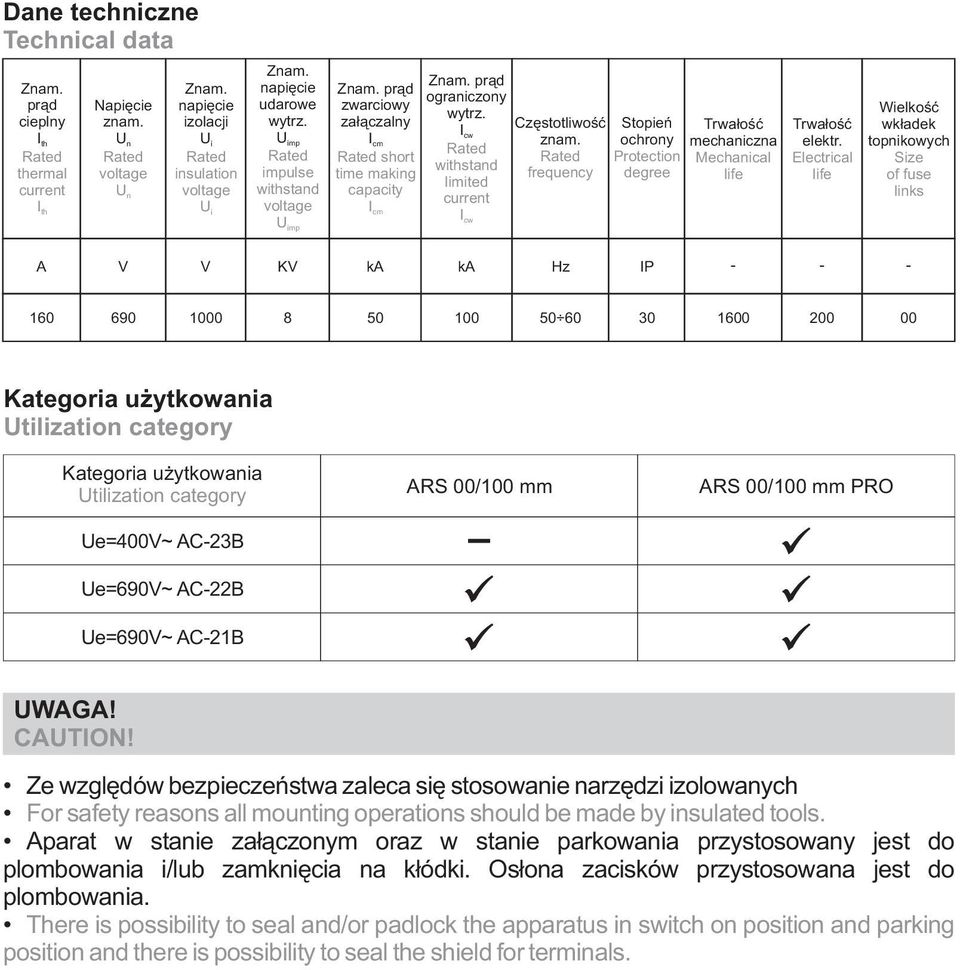 I cw Rated withstand limited current I cw Częstotliwość znam. Rated frequency Stopień ochrony Protection degree Trwałość mechaniczna Mechanical life Trwałość elektr.
