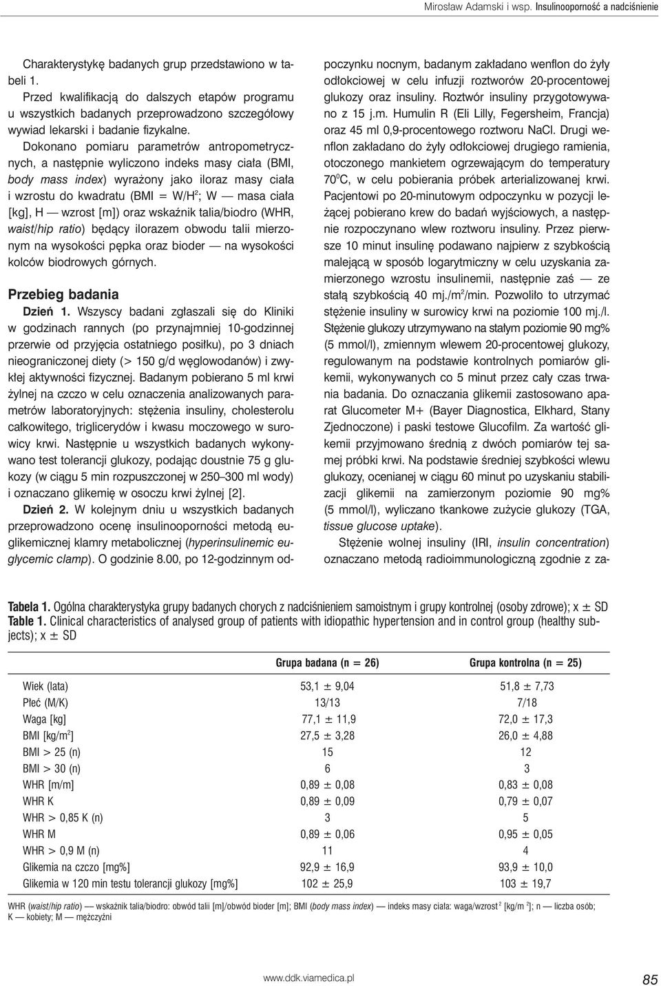 Dokonano pomiaru parametrów antropometrycznych, a następnie wyliczono indeks masy ciała (BMI, body mass index) wyrażony jako iloraz masy ciała i wzrostu do kwadratu (BMI = W/H 2 ; W masa ciała [kg],