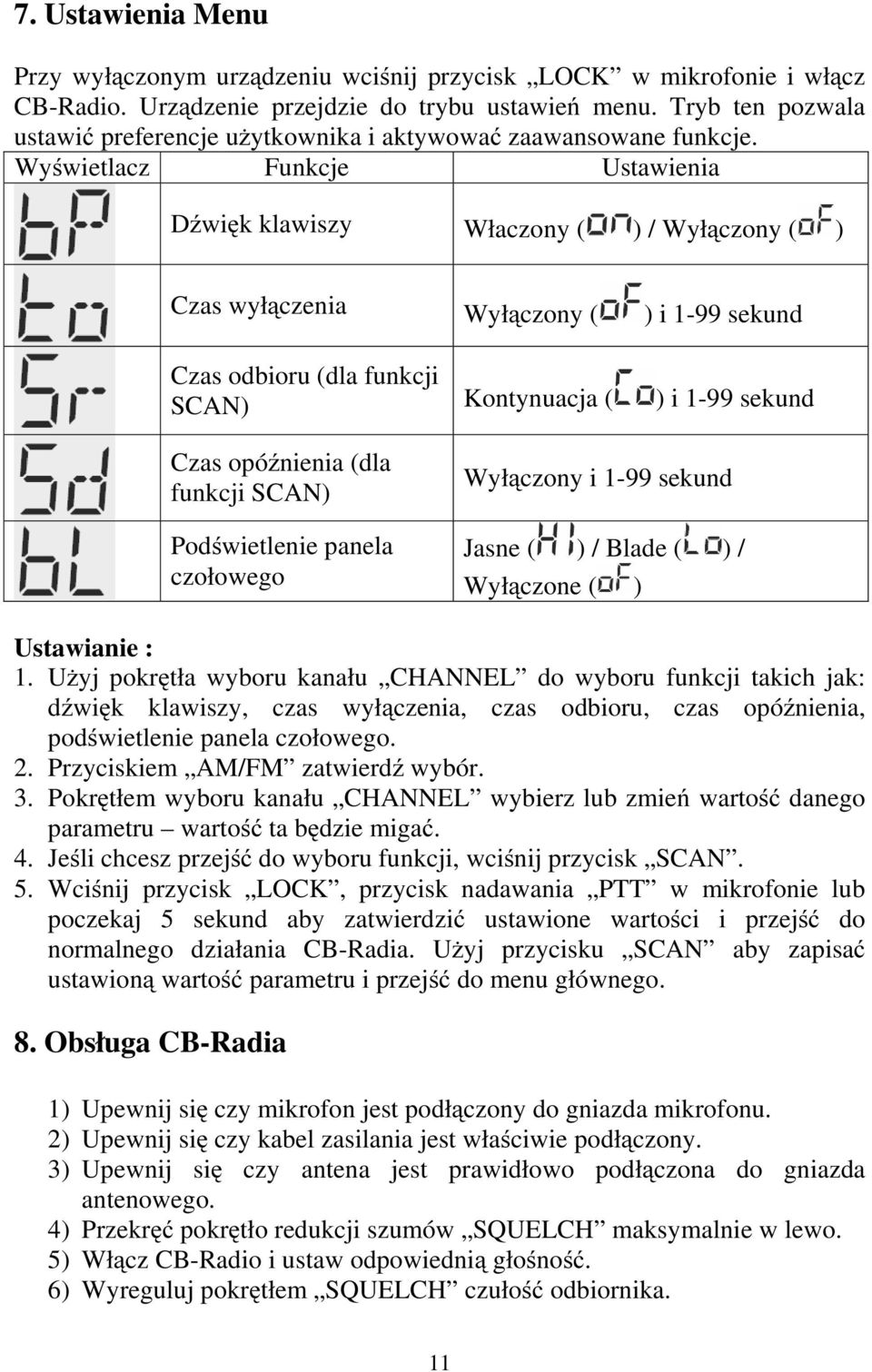 Wyświetlacz Funkcje Ustawienia Dźwięk klawiszy Właczony ( ) / Wyłączony ( ) Czas wyłączenia Wyłączony ( ) i 1-99 sekund Czas odbioru (dla funkcji SCAN) Kontynuacja ( ) i 1-99 sekund Czas opóźnienia