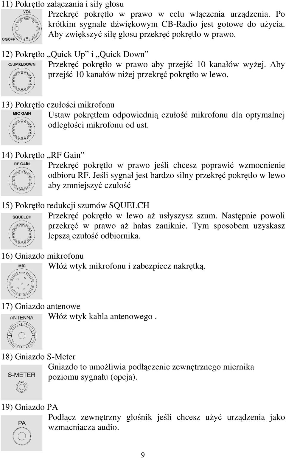 13) Pokrętło czułości mikrofonu Ustaw pokrętłem odpowiednią czułość mikrofonu dla optymalnej odległości mikrofonu od ust.