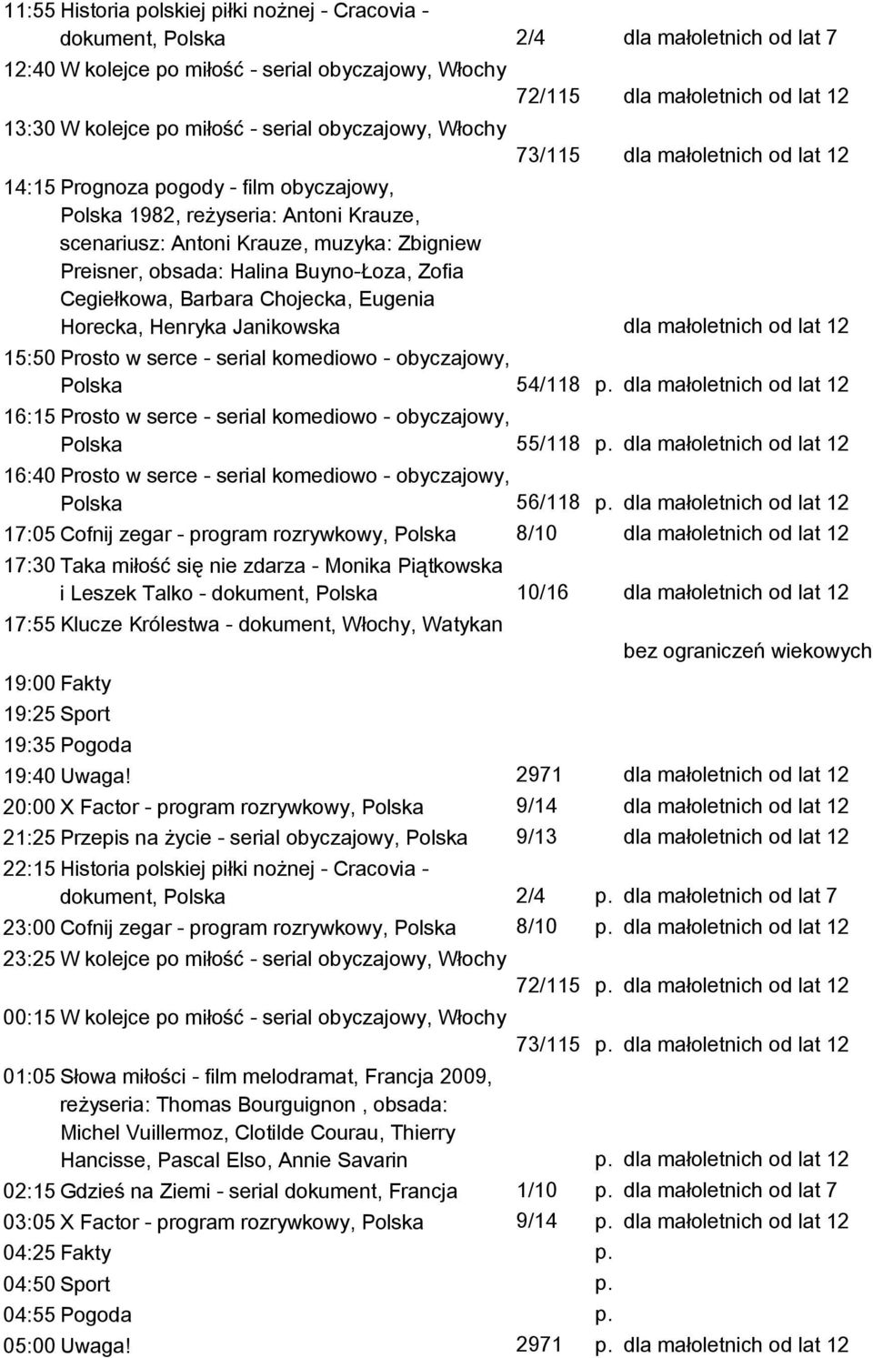 Henryka Janikowska 15:50 Prosto w serce - serial komediowo - obyczajowy, Polska 54/118 16:15 Prosto w serce - serial komediowo - obyczajowy, Polska 55/118 dla małoletnich od lat 7 16:40 Prosto w