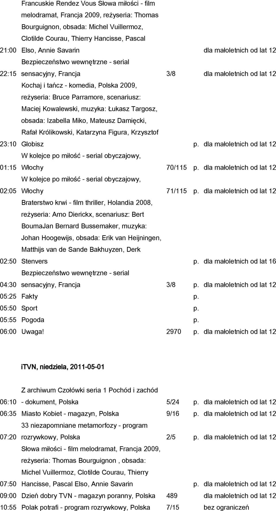 Maciej Kowalewski, muzyka: Łukasz Targosz, obsada: Izabella Miko, Mateusz Damięcki, Rafał Królikowski, Katarzyna Figura, Krzysztof Globisz p. dla małoletnich od lat 12 01:15 Włochy 70/115 p.