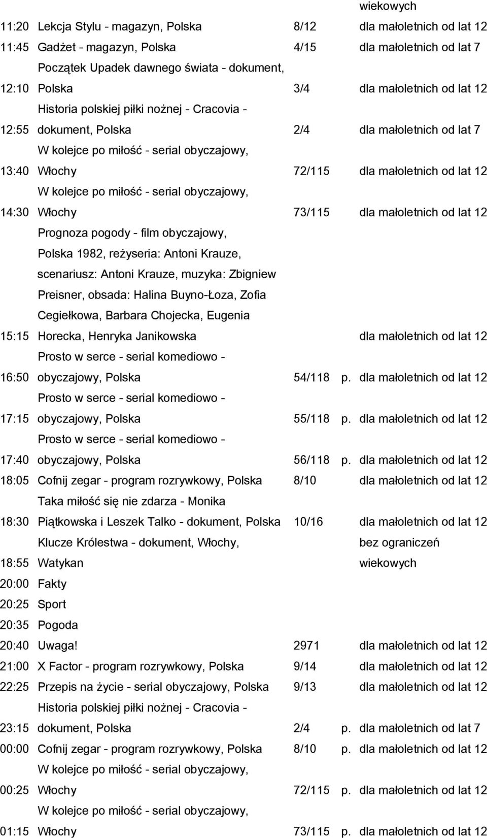 małoletnich od lat 12 15:15 Prognoza pogody - film obyczajowy, Polska 1982, reżyseria: Antoni Krauze, scenariusz: Antoni Krauze, muzyka: Zbigniew Preisner, obsada: Halina Buyno-Łoza, Zofia