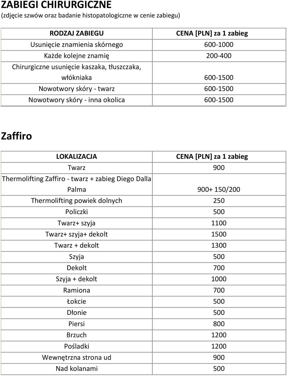 Thermolifting Zaffiro - twarz + zabieg Diego Dalla Palma 900+ 150/200 Thermolifting powiek dolnych 250 Policzki 500 Twarz+ szyja 1100 Twarz+ szyja+ dekolt 1500