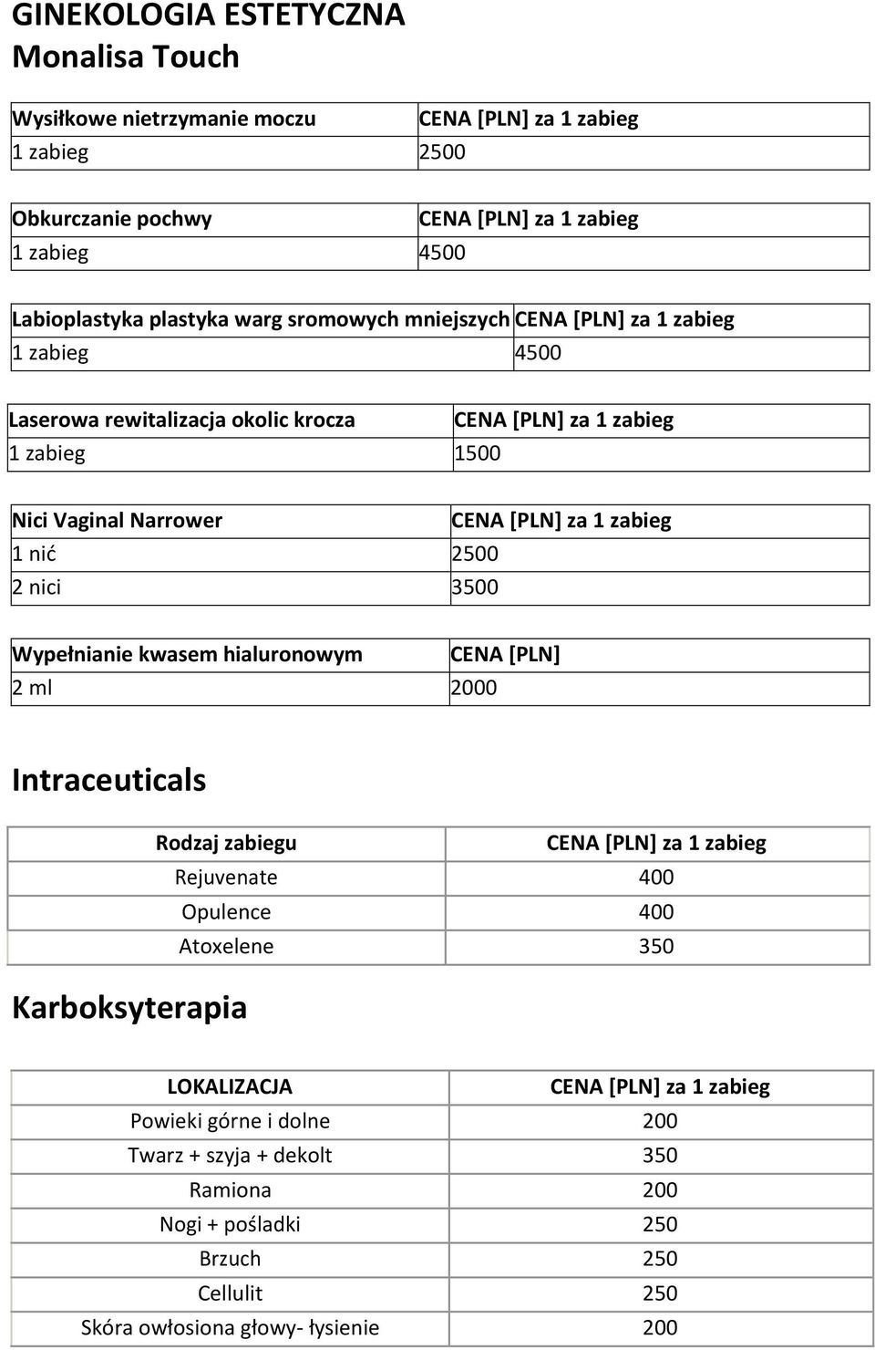 Wypełnianie kwasem hialuronowym 2 ml 2000 CENA [PLN] Intraceuticals Karboksyterapia Rodzaj zabiegu Rejuvenate 400 Opulence 400 Atoxelene