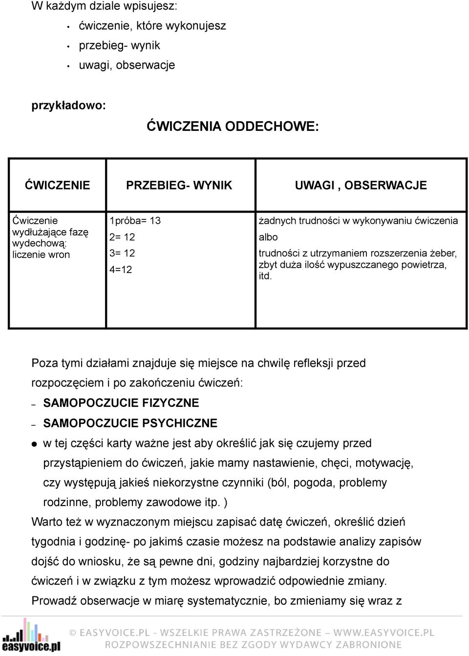 Poza tymi działami znajduje się miejsce na chwilę refleksji przed rozpoczęciem i po zakończeniu ćwiczeń: SAMOPOCZUCIE FIZYCZNE SAMOPOCZUCIE PSYCHICZNE w tej części karty ważne jest aby określić jak