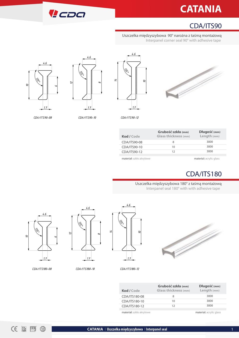 material: acrylic glass CDA/ITS180 Uszczelka międzyszybowa 180 z taśmą montażową Interpanel seal 180 with with adhesive tape 4.6 4.6 4.6 135 135 135 10 6 12 8 14 10 1.7 1.