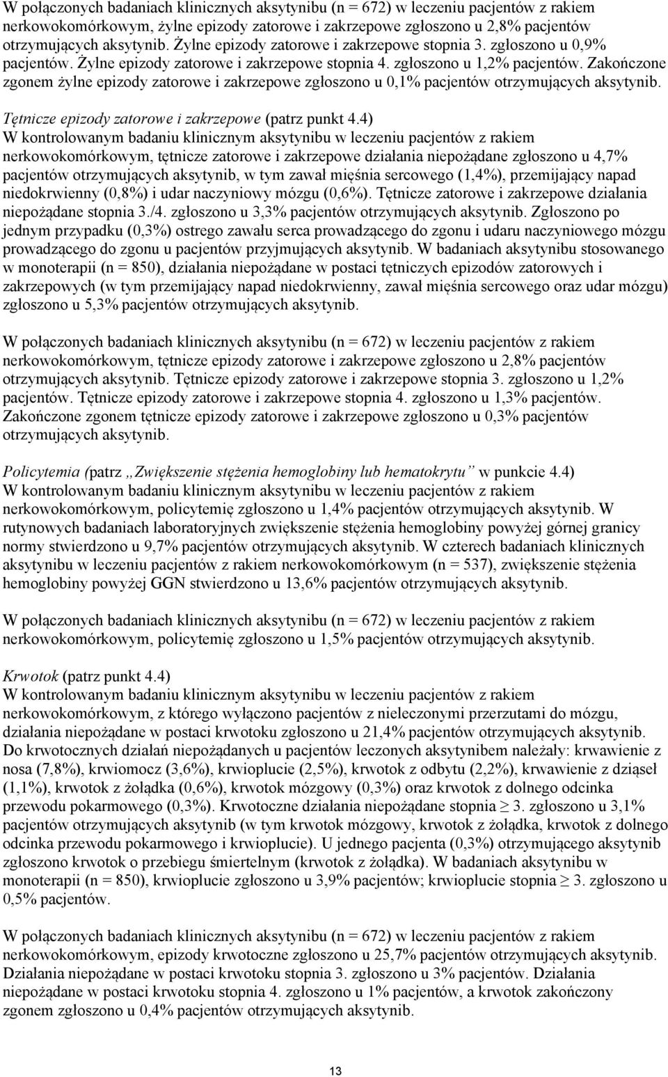 Zakończone zgonem żylne epizody zatorowe i zakrzepowe zgłoszono u 0,1% pacjentów otrzymujących aksytynib. Tętnicze epizody zatorowe i zakrzepowe (patrz punkt 4.