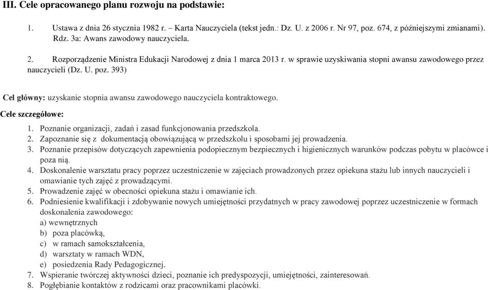 393) Cel główny: uzyskanie stopnia awansu zawodowego nauczyciela kontraktowego. Cele szczegółowe: 1. Poznanie organizacji, zadań i zasad funkcjonowania przedszkola. 2.