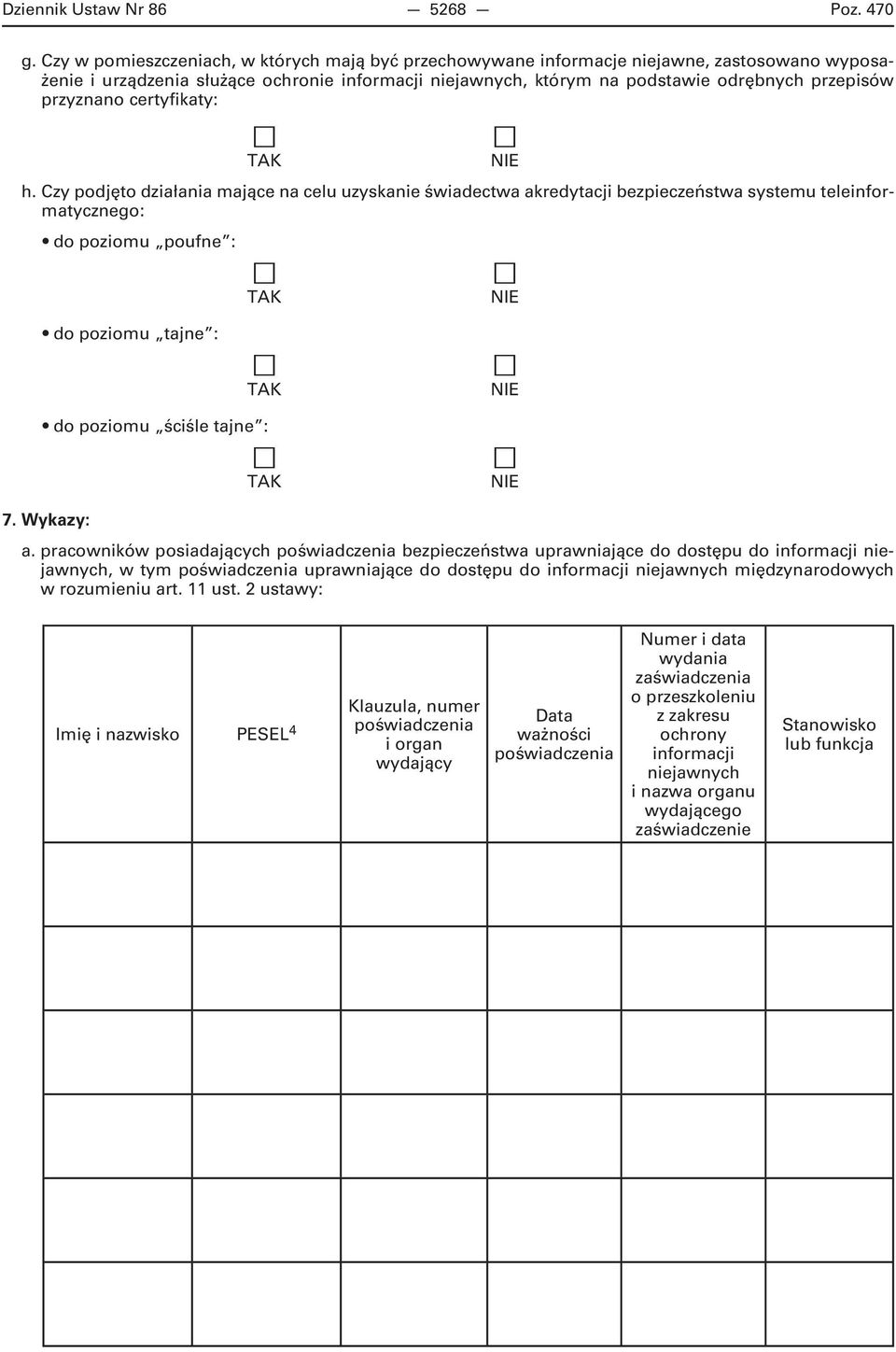 przyznano certyfikaty: h. Czy podjęto działania mające na celu uzyskanie świadectwa akredytacji bezpieczeństwa systemu teleinformatycznego: 7. Wykazy: a.