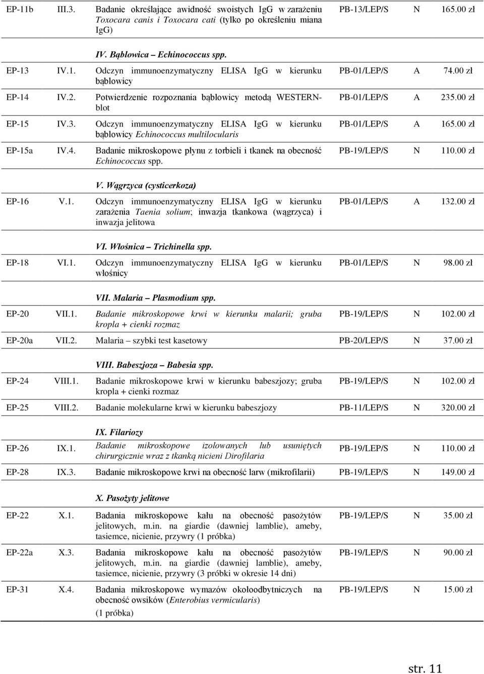 Badanie mikroskopowe płynu z torbieli i tkanek na obecność Echinococcus spp. PB-01/LEP/S 74.00 zł PB-01/LEP/S 235.00 zł PB-01/LEP/S 165.00 zł PB-19/LEP/S 110.00 zł V. Wągrzyca (cysticerkoza) EP-16 V.