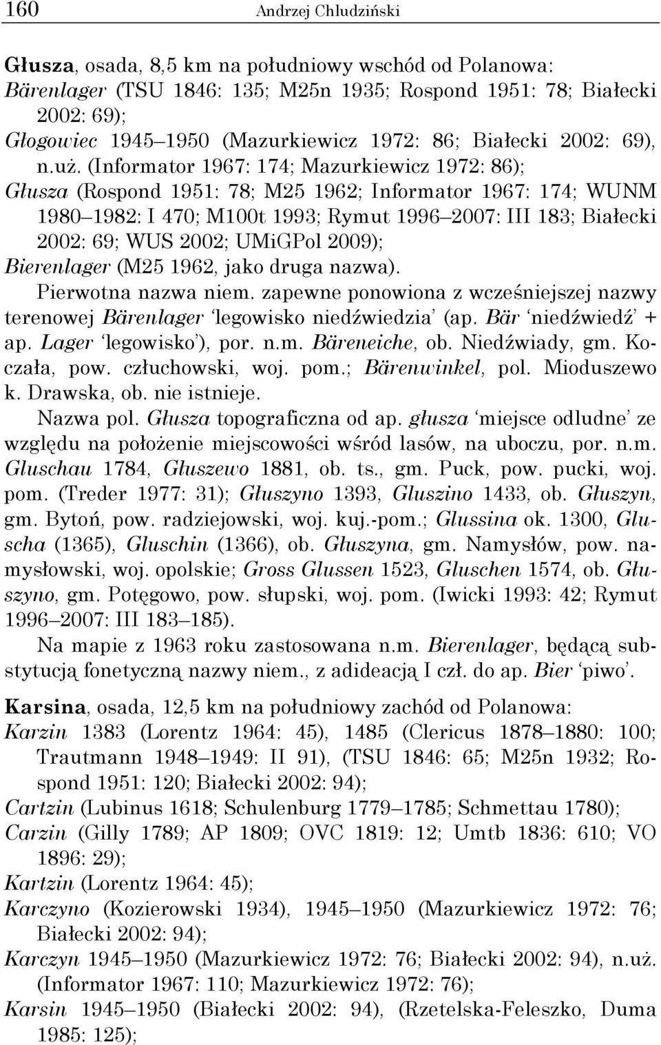 (Informator 1967: 174; Mazurkiewicz 1972: 86); Głusza (Rospond 1951: 78; M25 1962; Informator 1967: 174; WUNM 1980 1982: I 470; M100t 1993; Rymut 1996 2007: III 183; Białecki 2002: 69; WUS 2002;