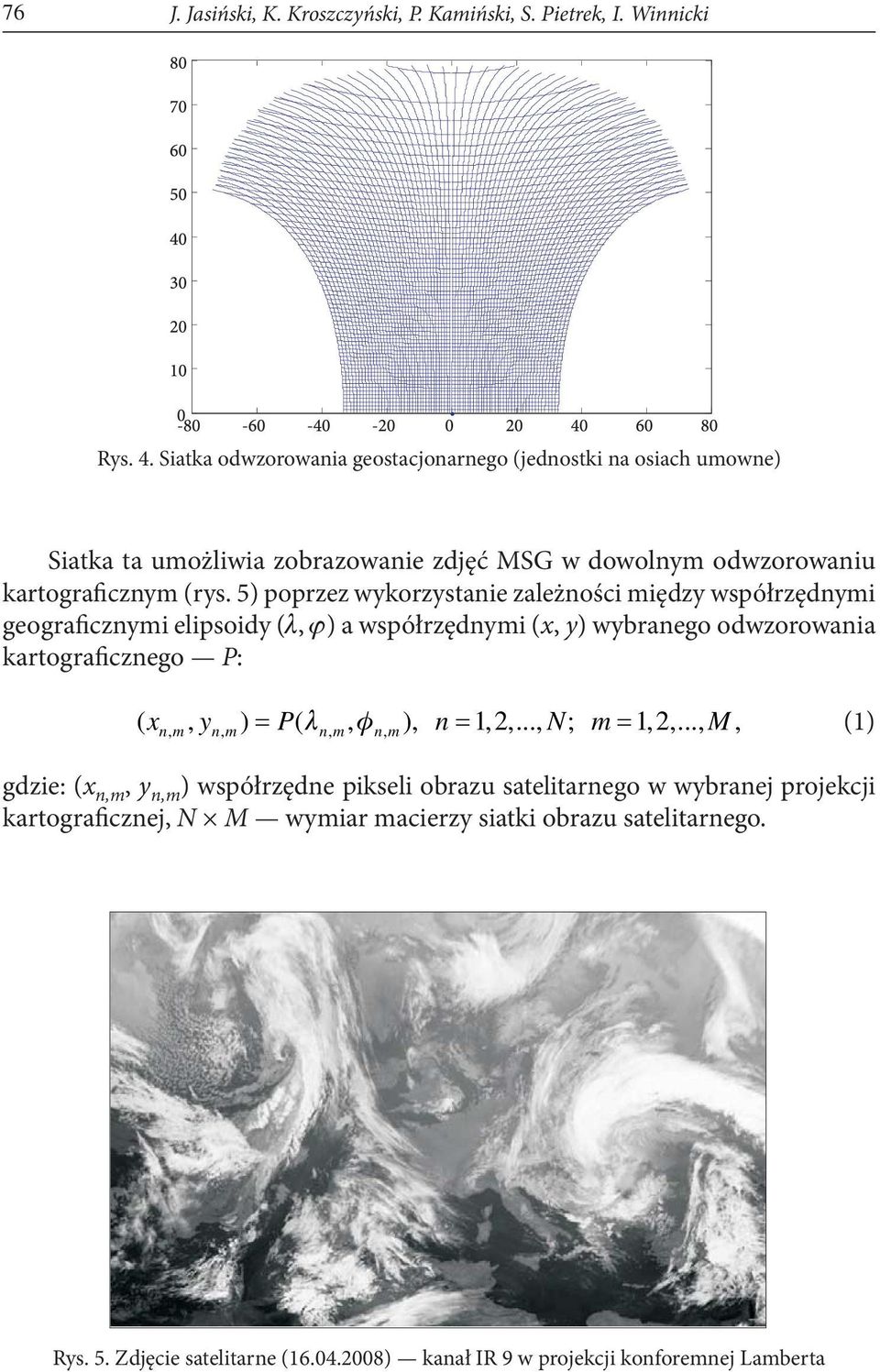 5) poprzez wykorzystanie zależności między współrzędnymi geograficznymi elipsoidy (λ, ϕ) a współrzędnymi (x, y) wybranego odwzorowania kartograficznego P: ( x, y ) = P( λ, φ