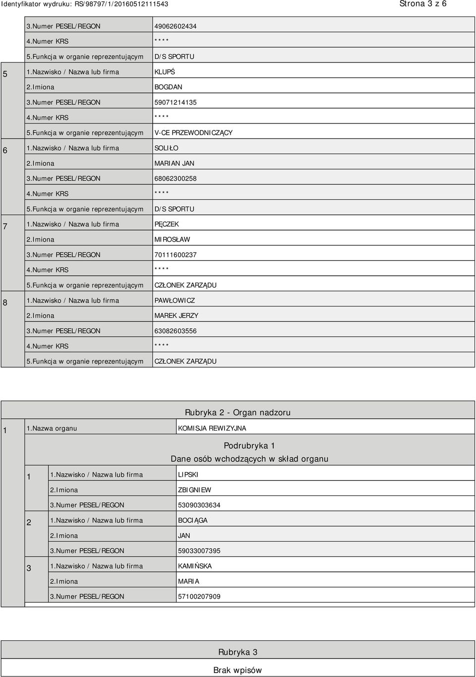 Nazwisko / Nazwa lub firma PAWŁOWICZ MAREK JERZY 3.Numer PESEL/REGON 63082603556 CZŁONEK ZARZĄDU Rubryka 2 - Organ nadzoru 1 1.