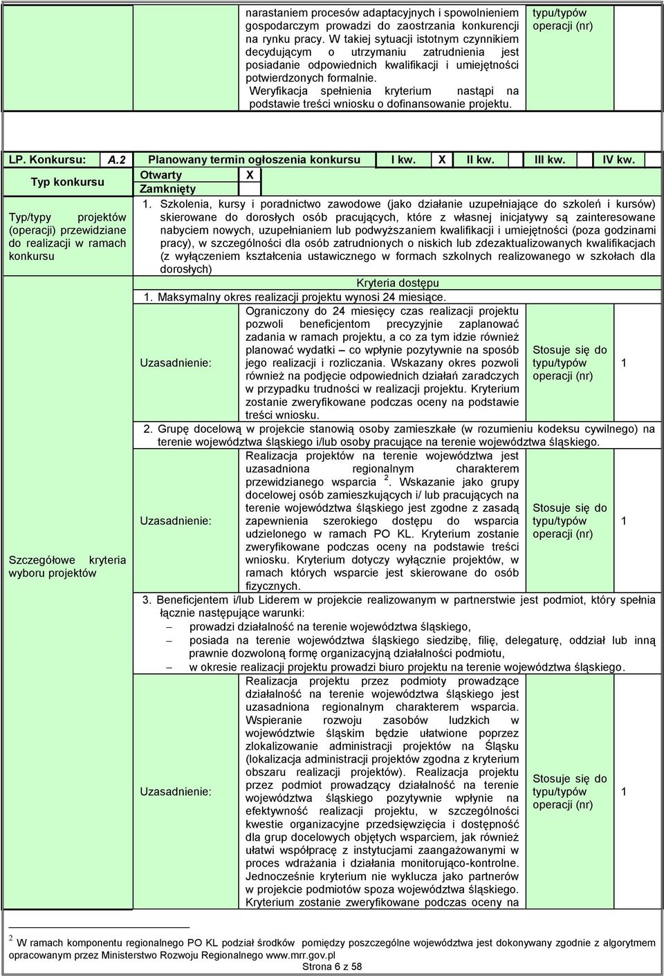 Weryfikacja spełnienia kryterium nastąpi na podstawie treści wniosku o dofinansowanie projektu. LP. Konkursu: A.2 Planowany termin ogłoszenia konkursu I kw. X II kw. III kw. IV kw.