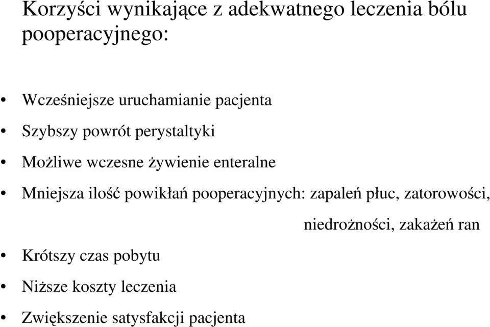 enteralne Mniejsza ilość powikłań pooperacyjnych: zapaleń płuc, zatorowości,