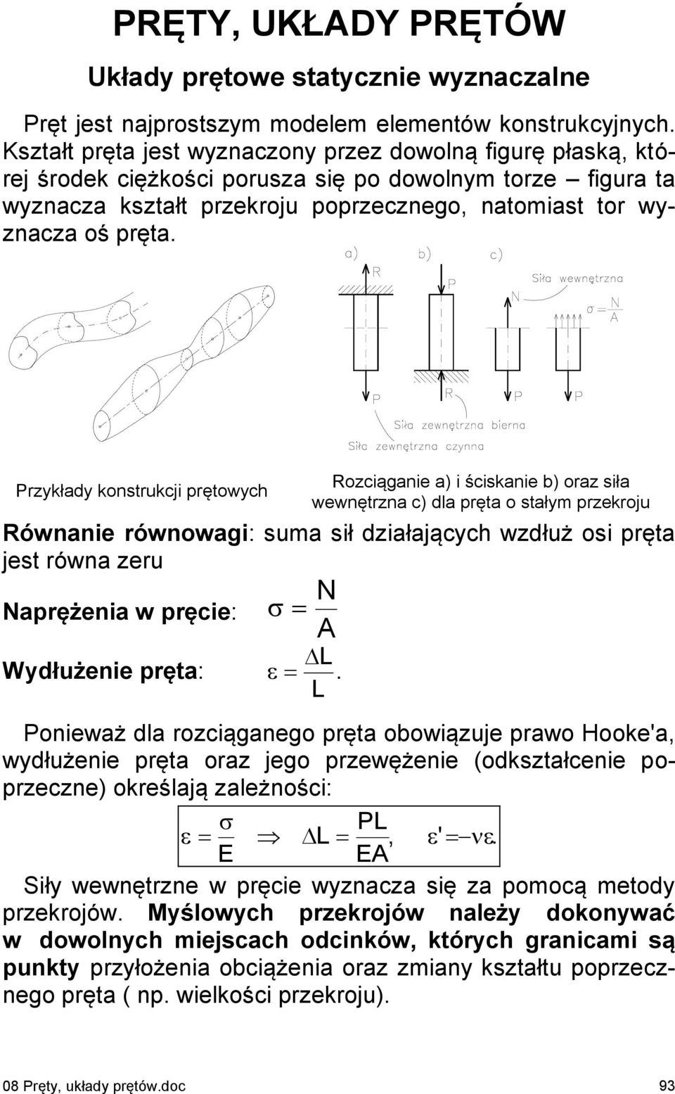 rzykłdy konstrukcji prętowych Rozciągnie ) i ścisknie b) orz sił wewnętrzn c) dl pręt o stłym przekroju Równnie równowgi: sum sił dziłjących wzdłuż osi pręt jest równ zeru prężeni w pręcie: L
