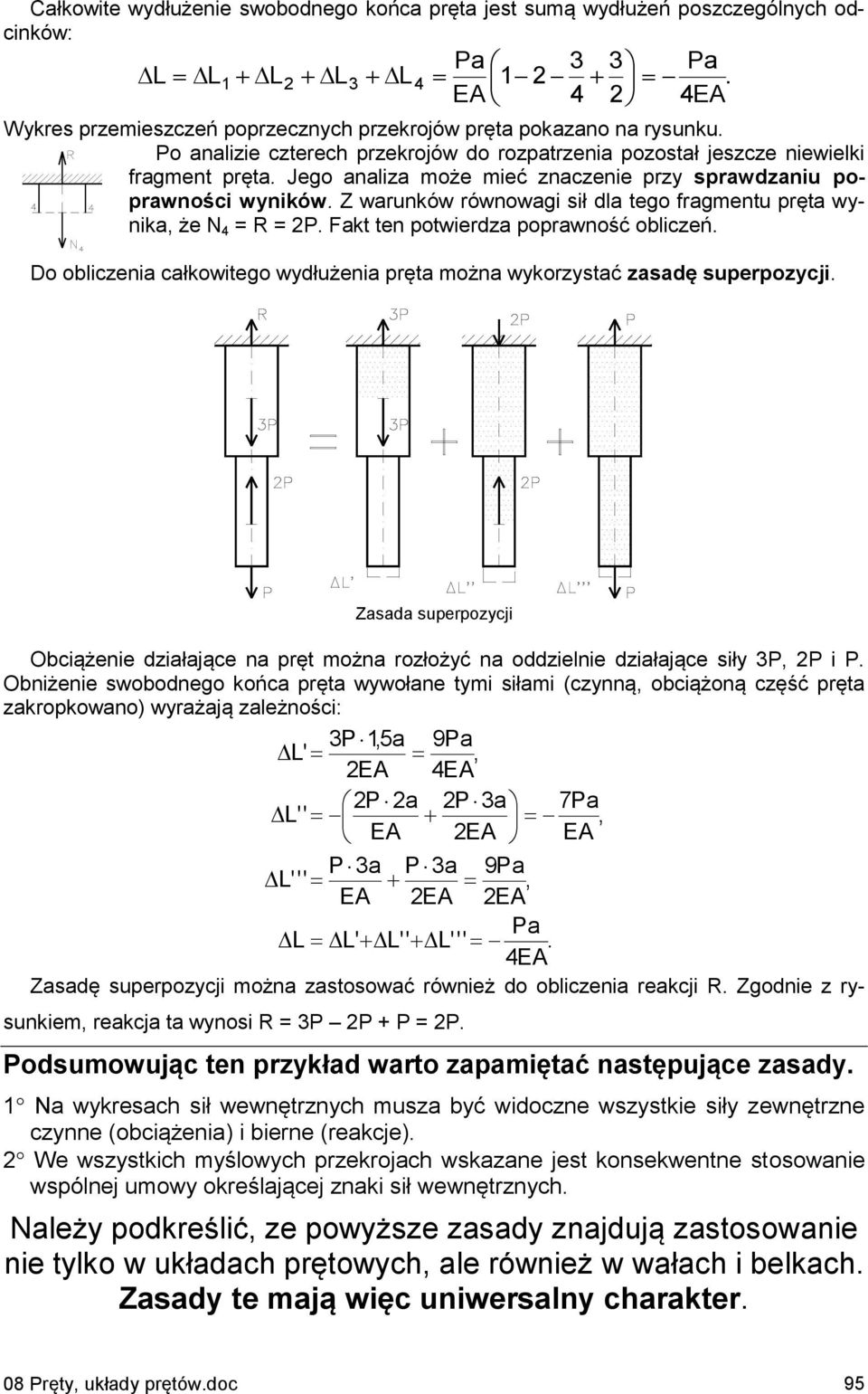 Z wrunków równowgi sił dl tego frgmentu pręt wynik, że = R =. Fkt ten potwierdz poprwność obliczeń. Do obliczeni cłkowitego wydłużeni pręt możn wykorzystć zsdę superpozycji.