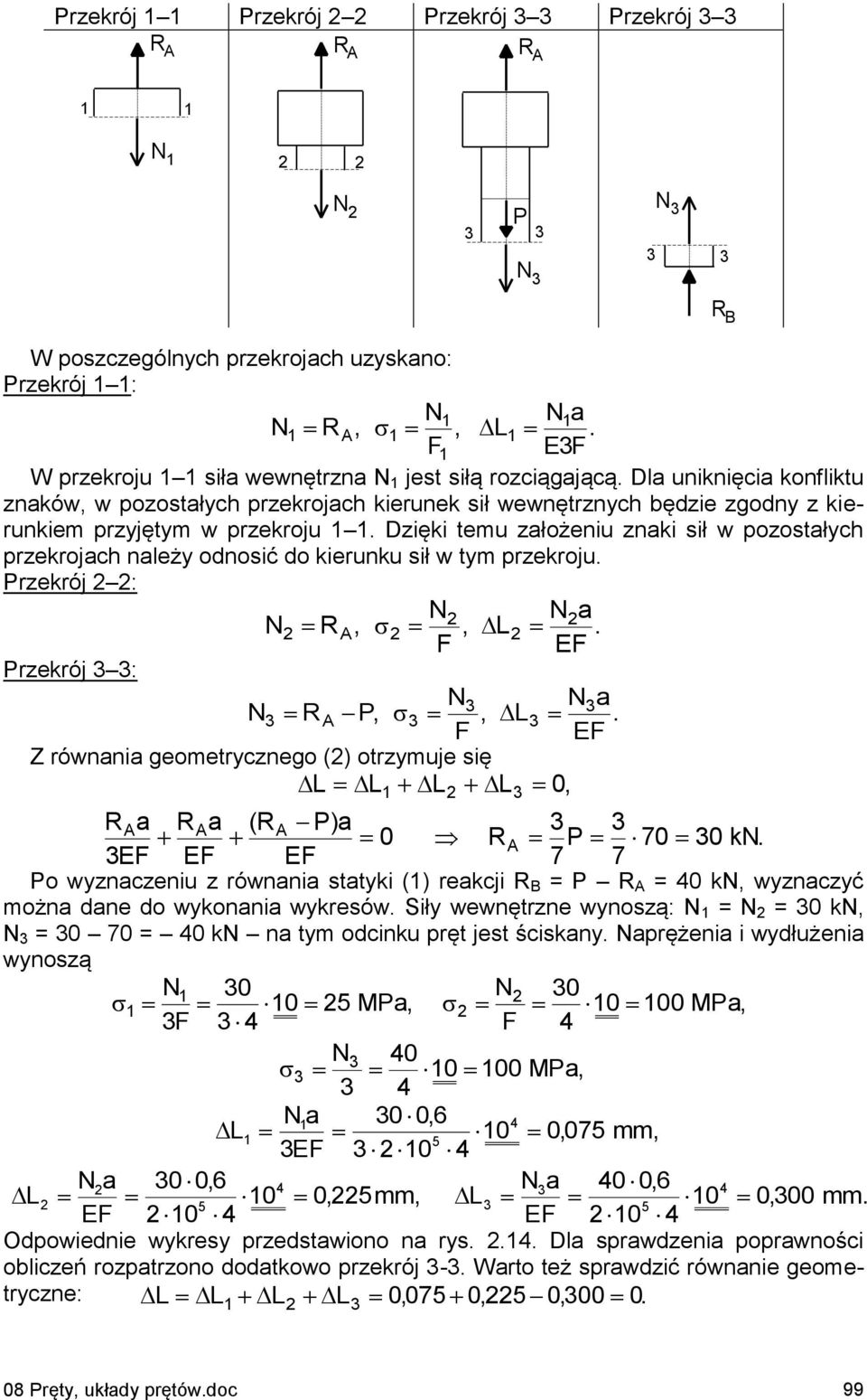 Dzięki temu złożeniu znki sił w pozostłych przekrojch nleży odnosić do kierunku sił w tym przekroju. rzekrój : R,, L. F EF rzekrój : R,, L.