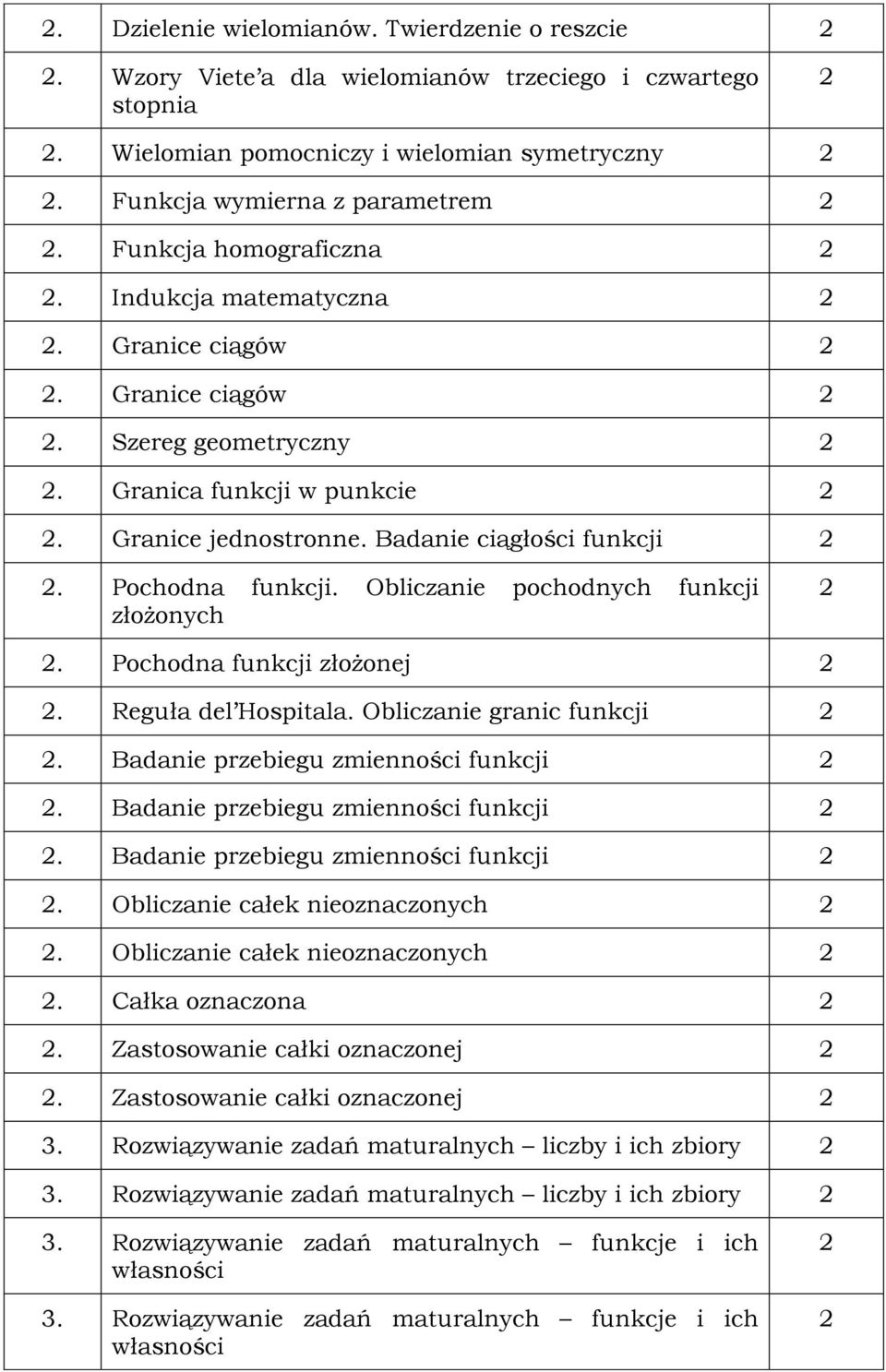Obliczanie pochodnych funkcji złożonych. Pochodna funkcji złożonej. Reguła del Hospitala. Obliczanie granic funkcji. Badanie przebiegu zmienności funkcji. Badanie przebiegu zmienności funkcji. Badanie przebiegu zmienności funkcji. Obliczanie całek nieoznaczonych.