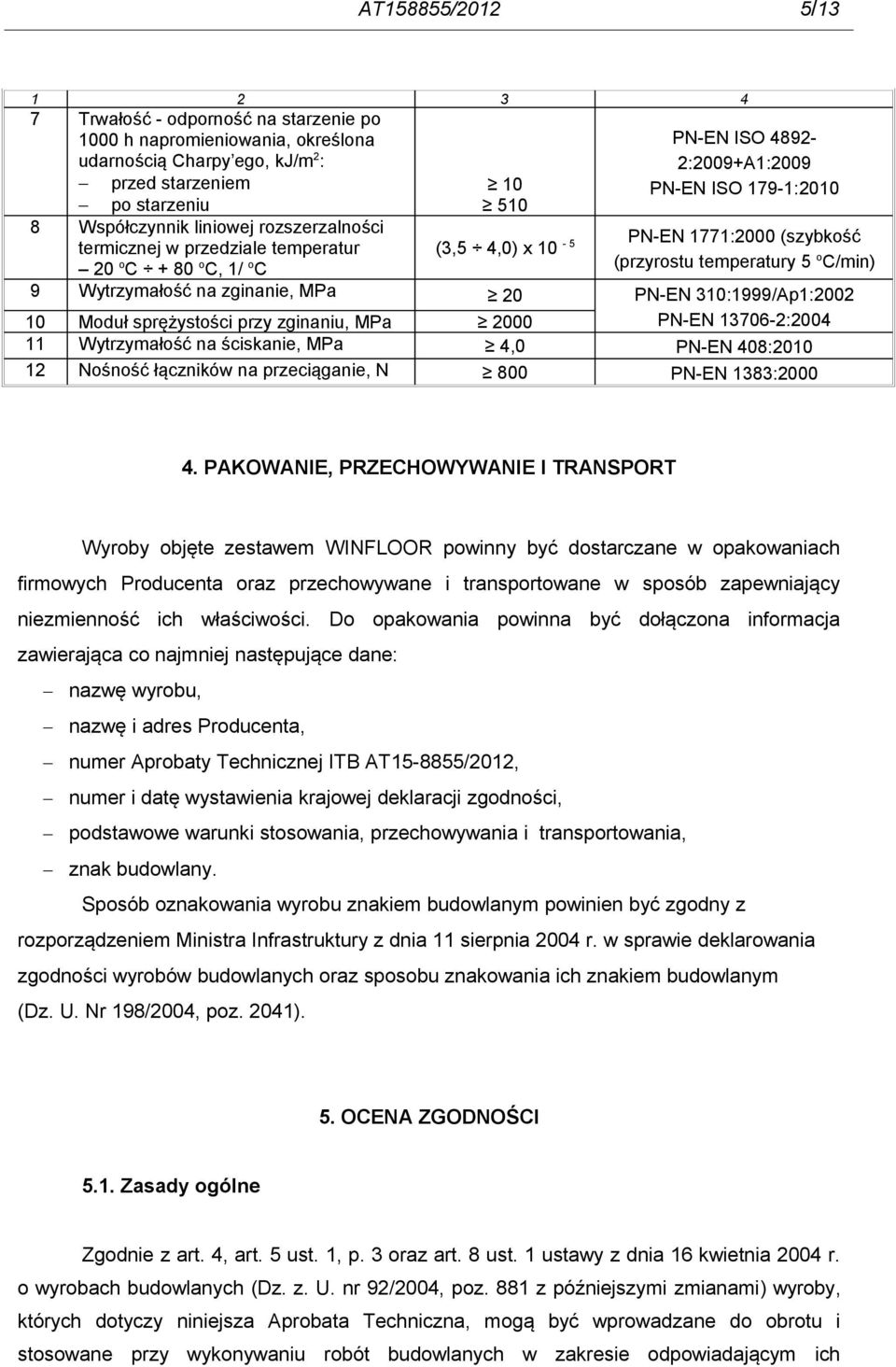 PN-EN ISO 48922:2009+A1:2009 PN-EN ISO 179-1:2010 (3,5 4,0) x 10-5 PN-EN 1771:2000 (szybkość (przyrostu temperatury 5 oc/min) 20 2000 4,0 800 PN-EN 310:1999/Ap1:2002 PN-EN 13706-2:2004 PN-EN 408:2010