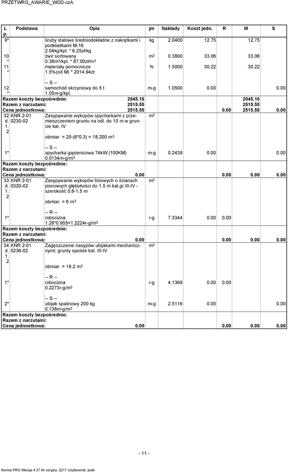 00 515.55 0.00 3 KNR -01 Zasypywanie wykopów spycharkami z przemieszczeniem 030-0 gruntu na odl. do 10 m w grun- cie kat. IV obmiar = 0-(6*0.3) = 18.00 m-g 0.439 0.00 0.