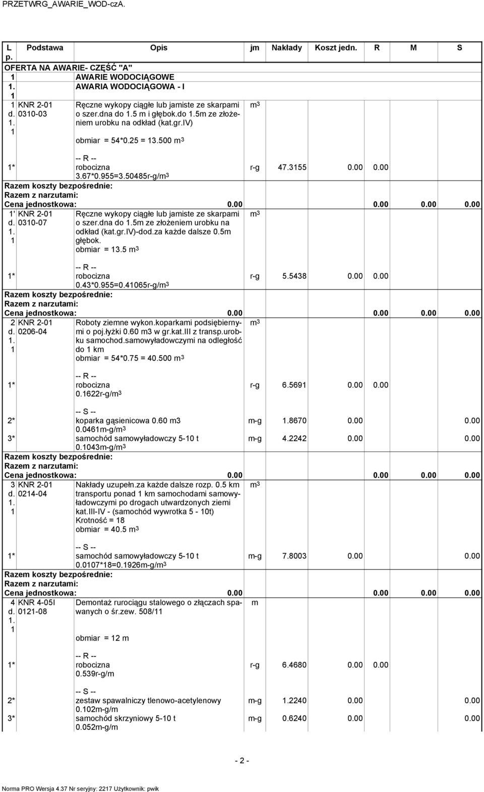 dna do 5m ze złoŝeniem urobku na odkład (kat.gr.iv)-doza kaŝde dalsze 0.5m głębok. obmiar = 13.5 r-g 5.5438 0.00 0.00 0.43*0.955=0.41065r-g/ 1 KNR -01 006-04 Roboty ziemne wykon.