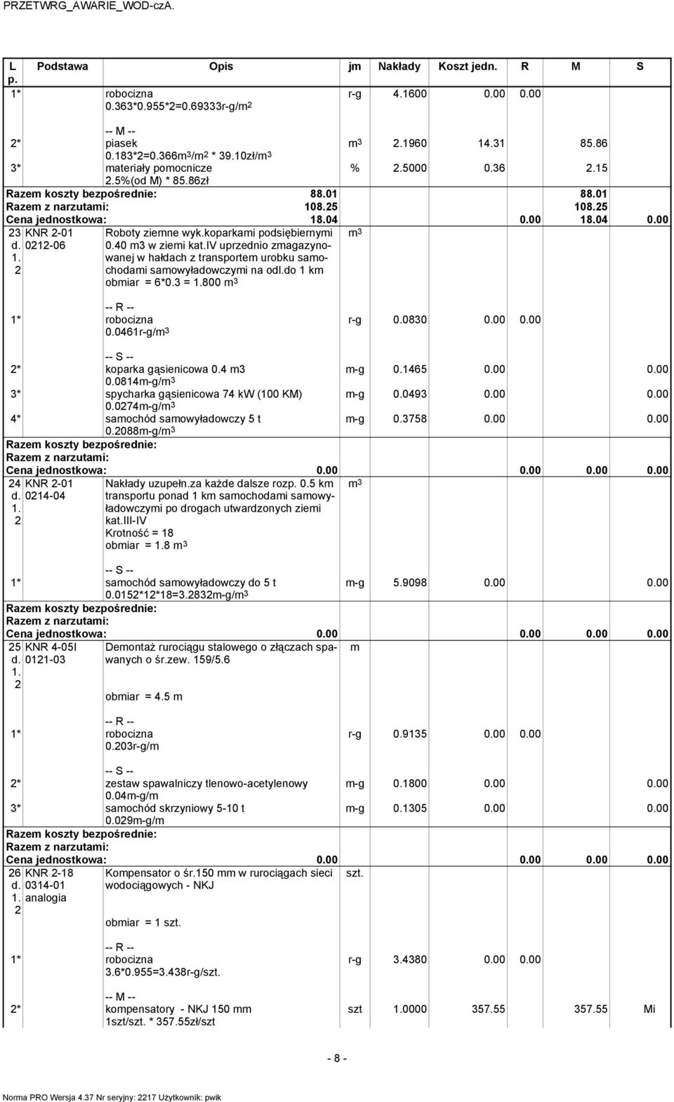 iv uprzednio zmagazynowanej w hałdach z transportem urobku samochodami samowyładowczymi na odl.do 1 km obmiar = 6*0.3 = 800 0.0461r-g/ r-g 0.0830 0.00 0.00 m-g 0.1465 0.00 0.00 m-g 0.0493 0.00 0.00 m-g 0.3758 0.