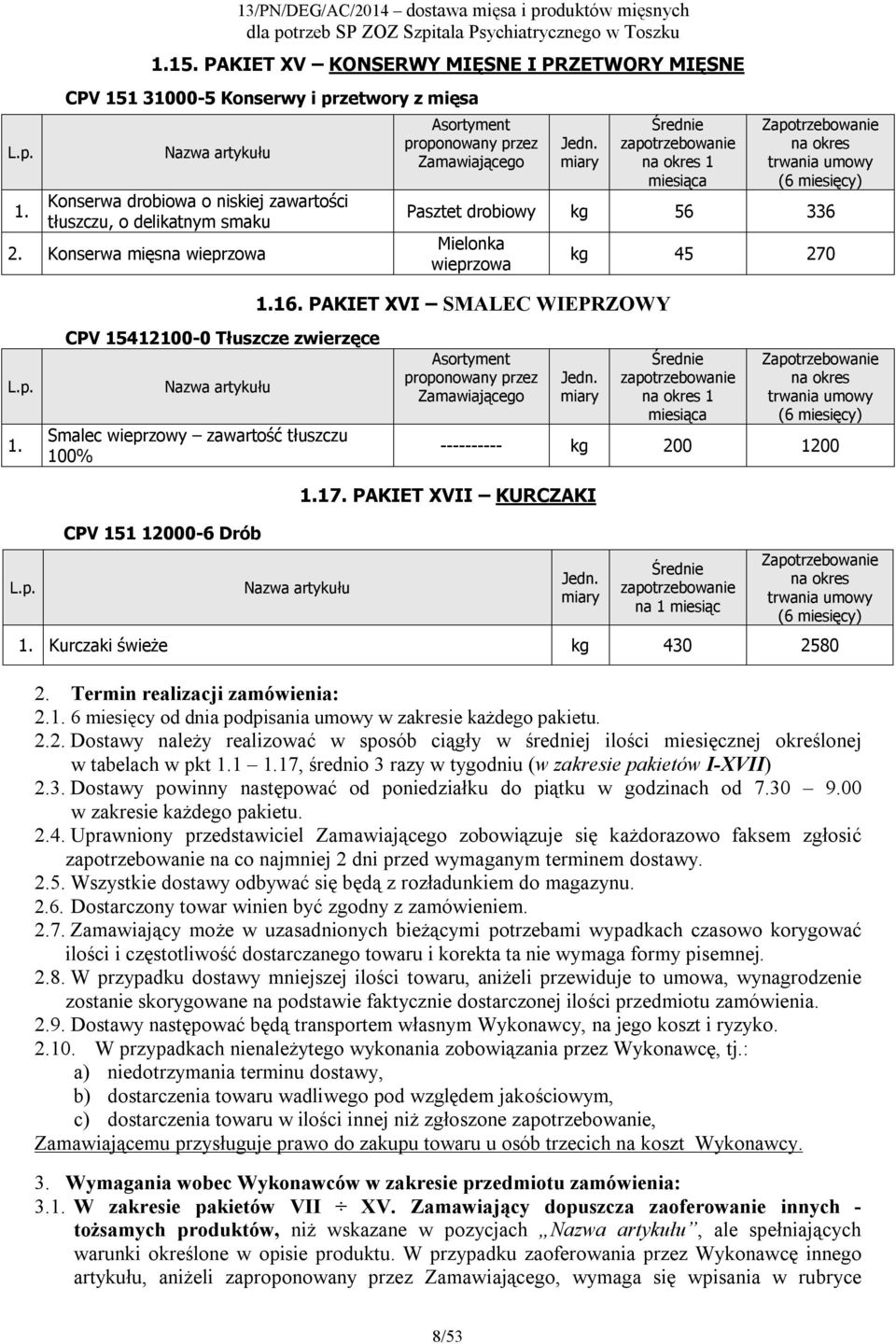 Konserwa mięsna wieprzowa proponowany przez Zamawiającego Jedn. miary Średnie zapotrzebowanie 1 miesiąca Pasztet drobiowy kg 56 336 Mielonka wieprzowa 1.16. PAKIET XVI SMALEC WIEPRZOWY kg 45 270 1.