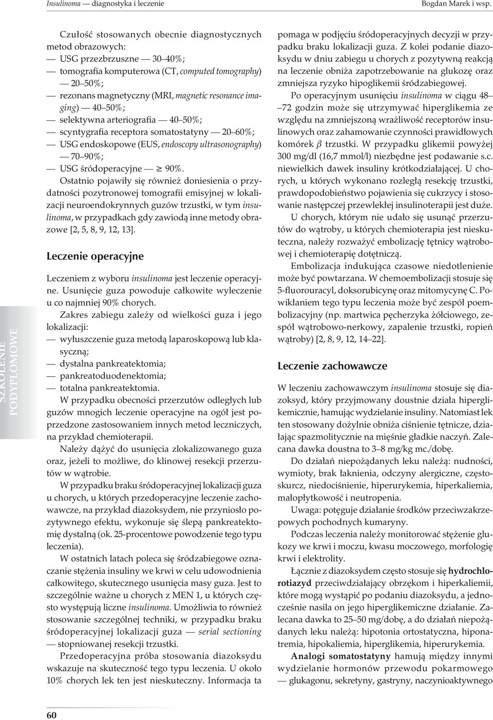 40 50%; selektywna arteriografia 40 50%; scyntygrafia receptora somatostatyny 20 60%; USG endoskopowe (EUS, endoscopy ultrasonography) 70 90%; USG śródoperacyjne 90%.