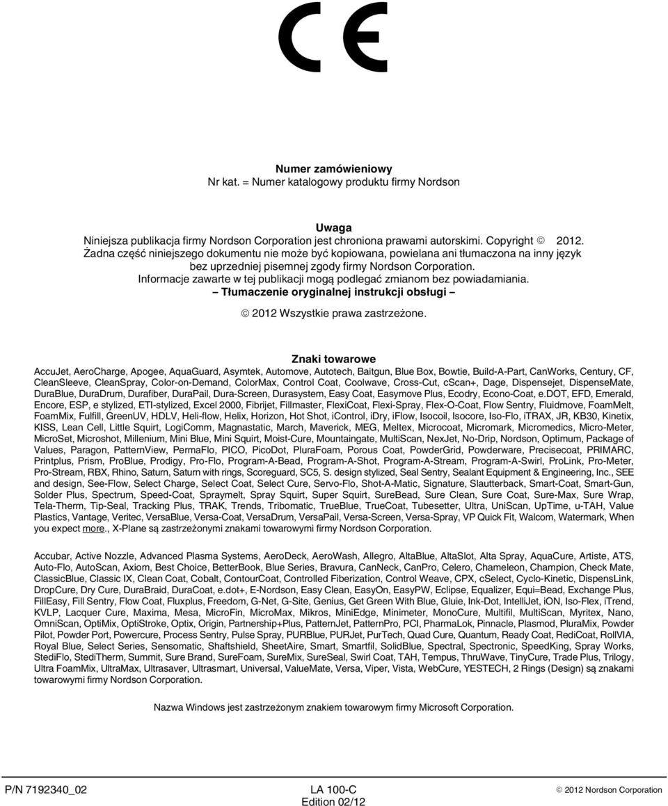 Informacje zawarte w tej publikacji mogą podlegać zmianom bez powiadamiania. Tłumaczenie oryginalnej instrukcji obsługi 2012 Wszystkie prawa zastrzeżone.