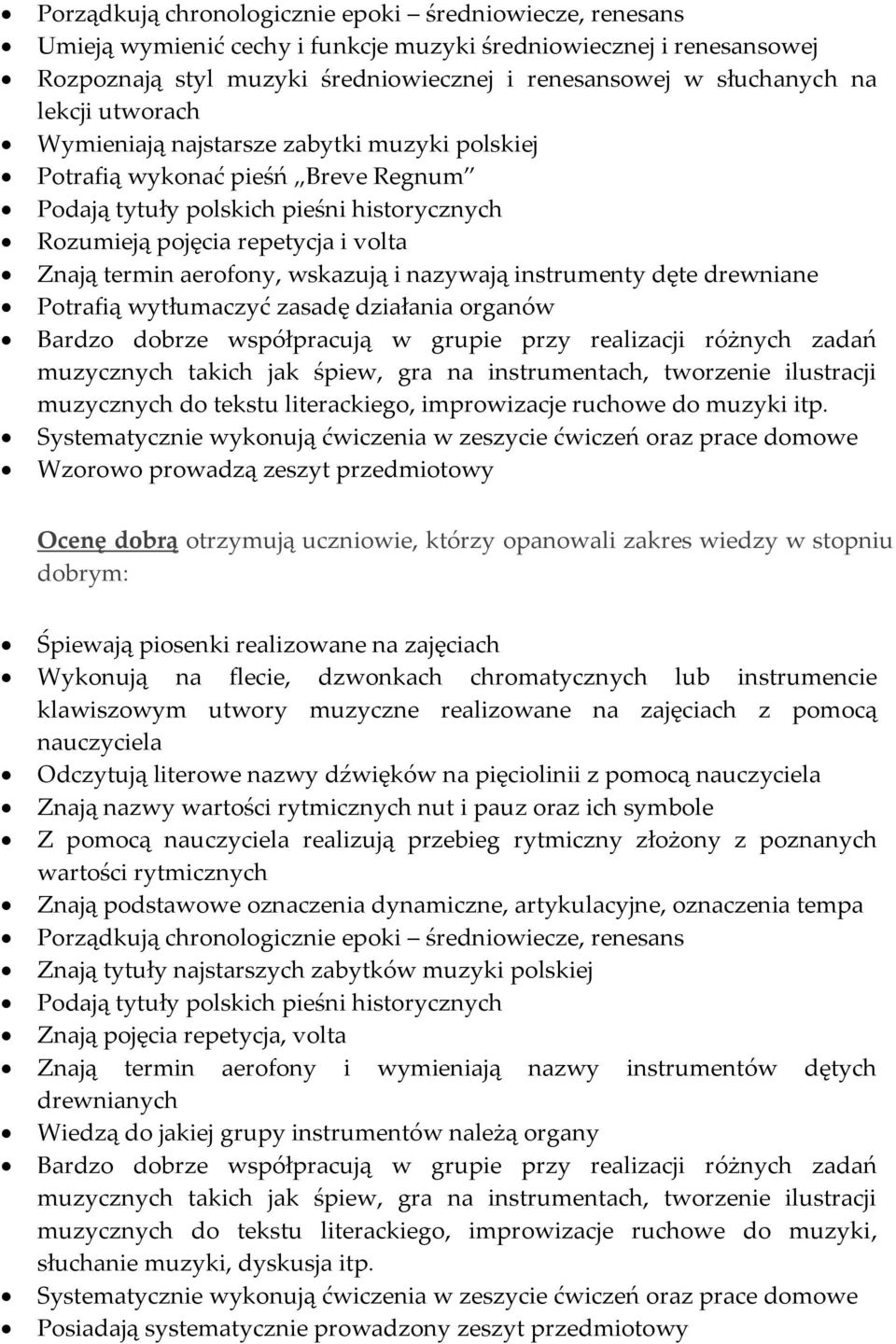 aerofony, wskazują i nazywają instrumenty dęte drewniane Potrafią wytłumaczyć zasadę działania organów Bardzo dobrze współpracują w grupie przy realizacji różnych zadań muzycznych takich jak śpiew,