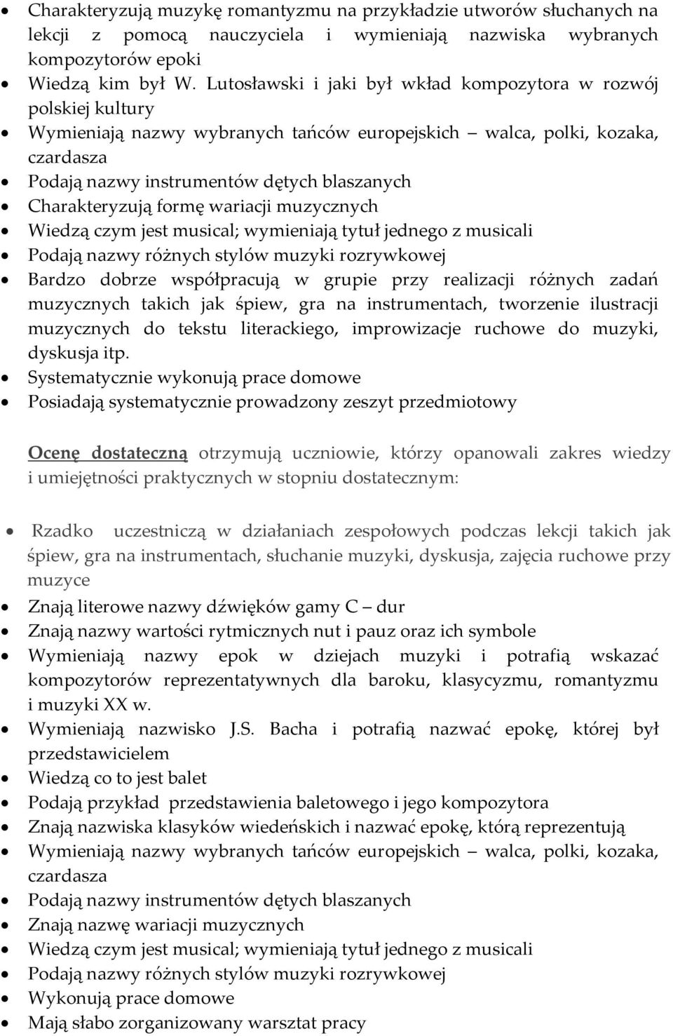 Charakteryzują formę wariacji muzycznych Wiedzą czym jest musical; wymieniają tytuł jednego z musicali Podają nazwy różnych stylów muzyki rozrywkowej Bardzo dobrze współpracują w grupie przy