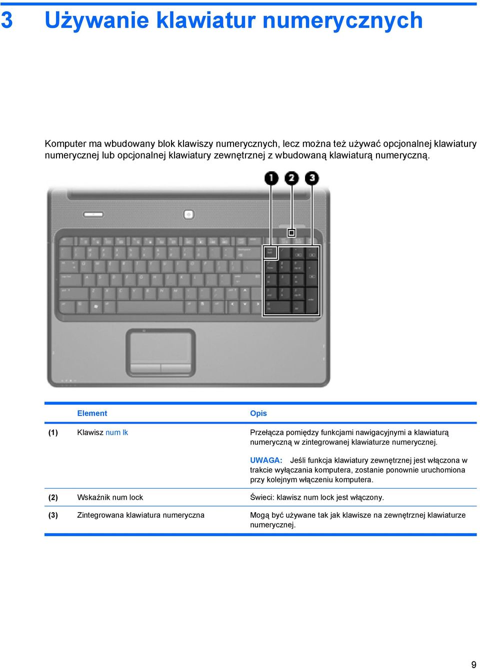 Element Opis (1) Klawisz num lk Przełącza pomiędzy funkcjami nawigacyjnymi a klawiaturą numeryczną w zintegrowanej klawiaturze numerycznej.