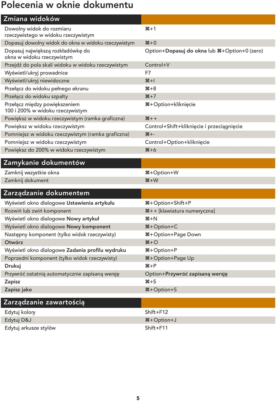 Przełącz do widoku pełnego ekranu z+8 Przełącz do widoku szpalty z+7 Przełącz między powiększeniem z+option+kliknięcie 100 i 200% w widoku rzeczywistym Powiększ w widoku rzeczywistym (ramka