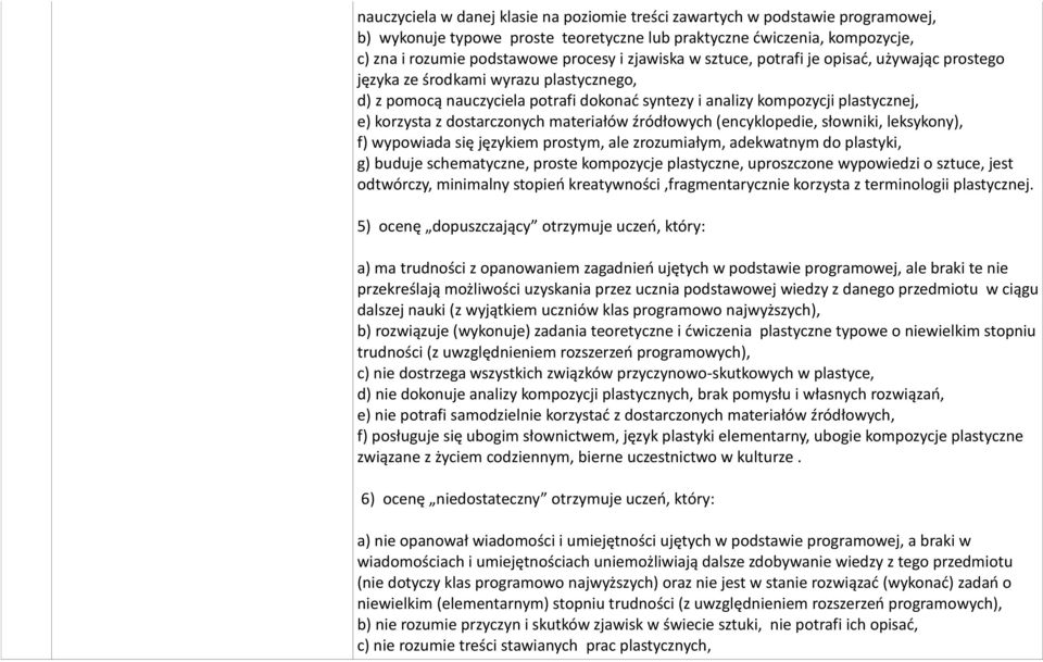dostarczonych materiałów źródłowych (encyklopedie, słowniki, leksykony), f) wypowiada się językiem prostym, ale zrozumiałym, adekwatnym do plastyki, g) buduje schematyczne, proste kompozycje