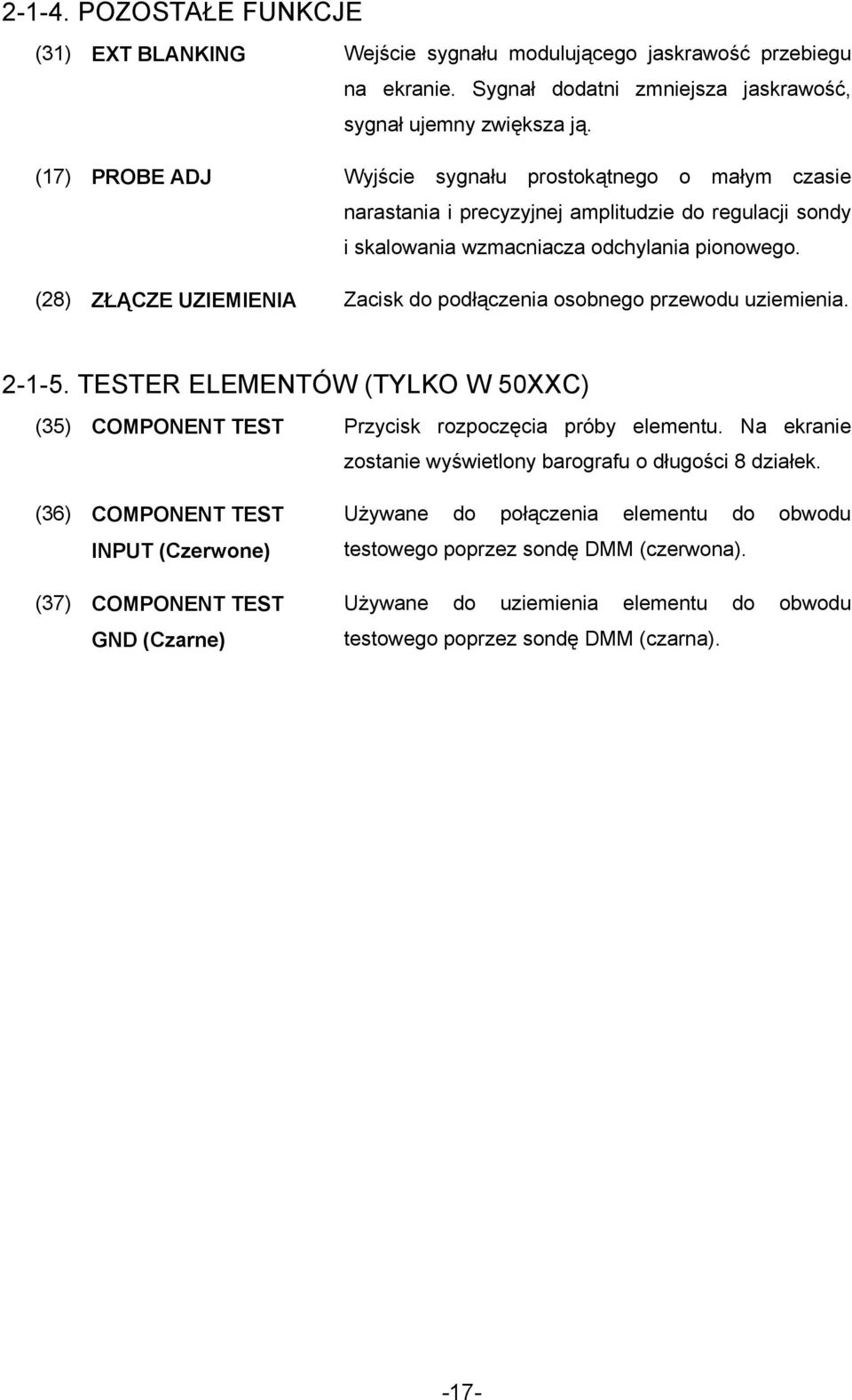(28) ZŁĄCZE UZIEMIENIA Zacisk do podłączenia osobnego przewodu uziemienia. 2-1-5. TESTER ELEMENTÓW (TYLKO W 50XXC) (35) COMPONENT TEST Przycisk rozpoczęcia próby elementu.