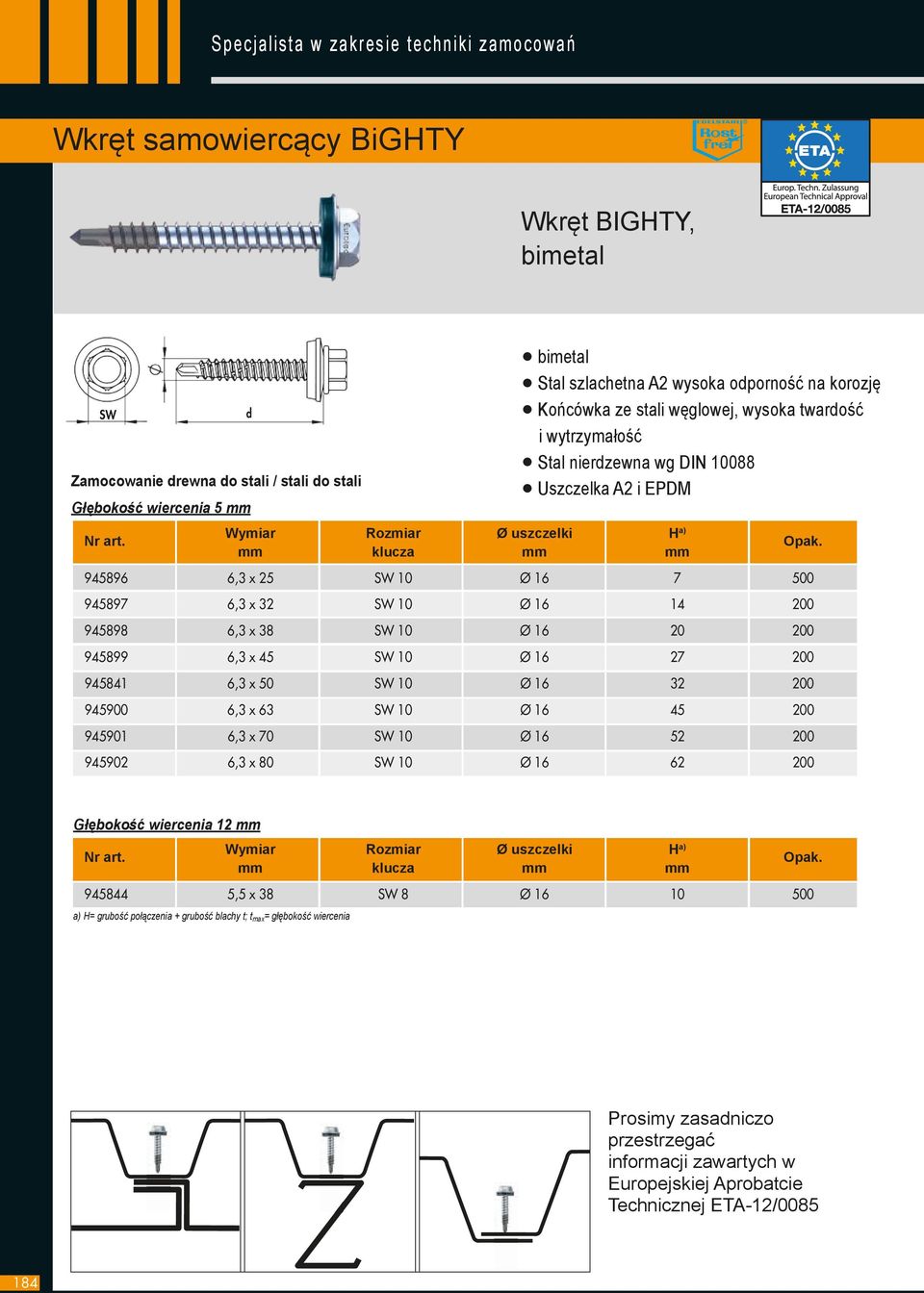 945841 6,3 x 50 SW 10 Ø 16 32 200 945900 6,3 x 63 SW 10 Ø 16 45 200 945901 6,3 x 70 SW 10 Ø 16 52 200 945902 6,3 x 80 SW 10 Ø 16 62 200 Głębokość wiercenia 12 mm Wymiar Rozmiar Ø uszczelki H a)