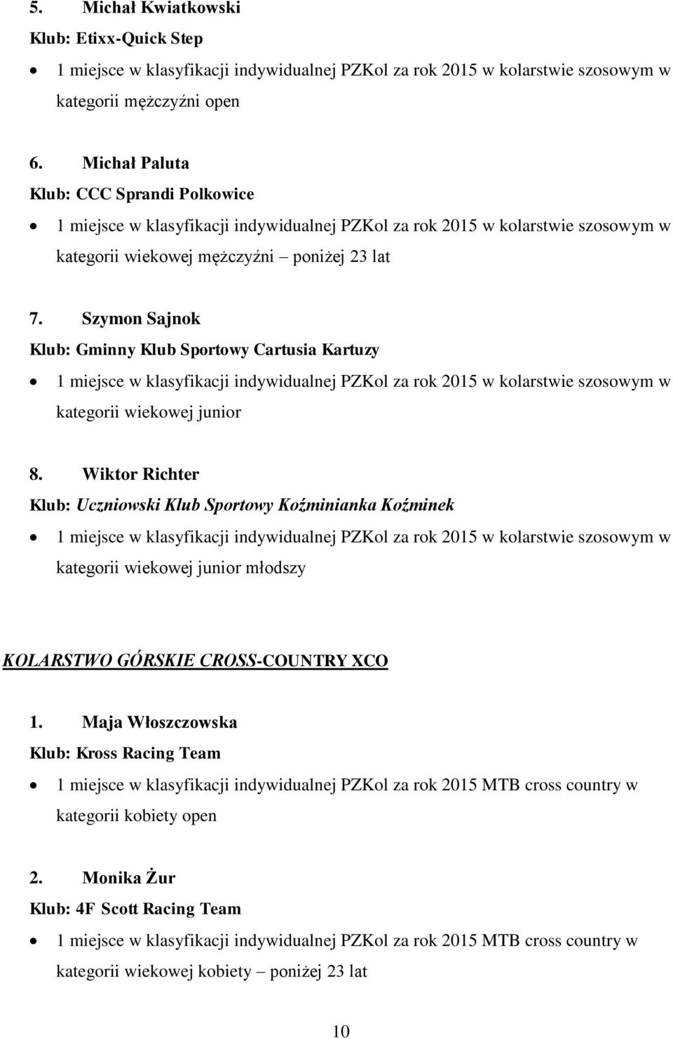 Szymon Sajnok Klub: Gminny Klub Sportowy Cartusia Kartuzy 1 miejsce w klasyfikacji indywidualnej PZKol za rok 2015 w kolarstwie szosowym w kategorii wiekowej junior 8.
